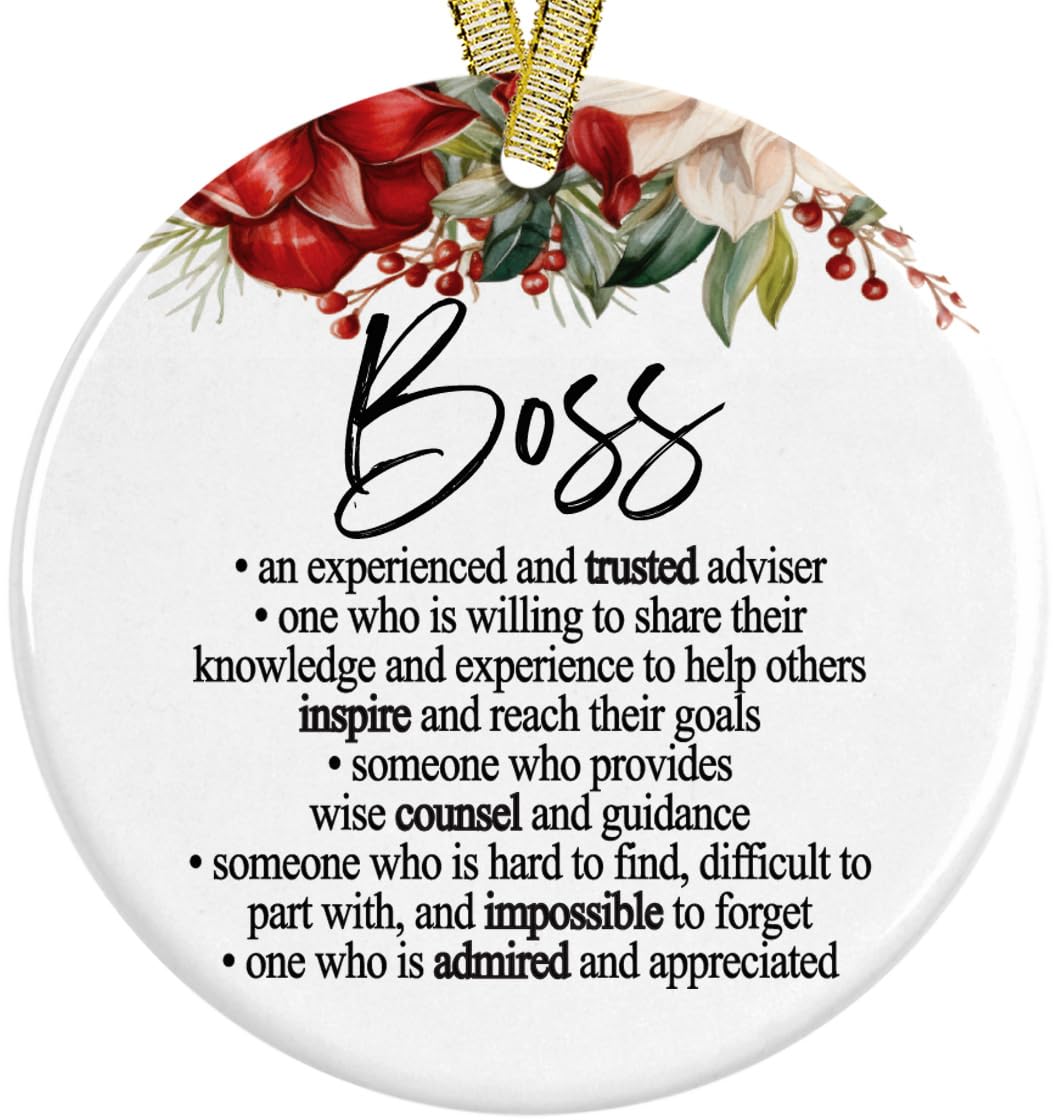 Best Boss Ever ornament 3 inch ceramic round with red and gold ribbon
