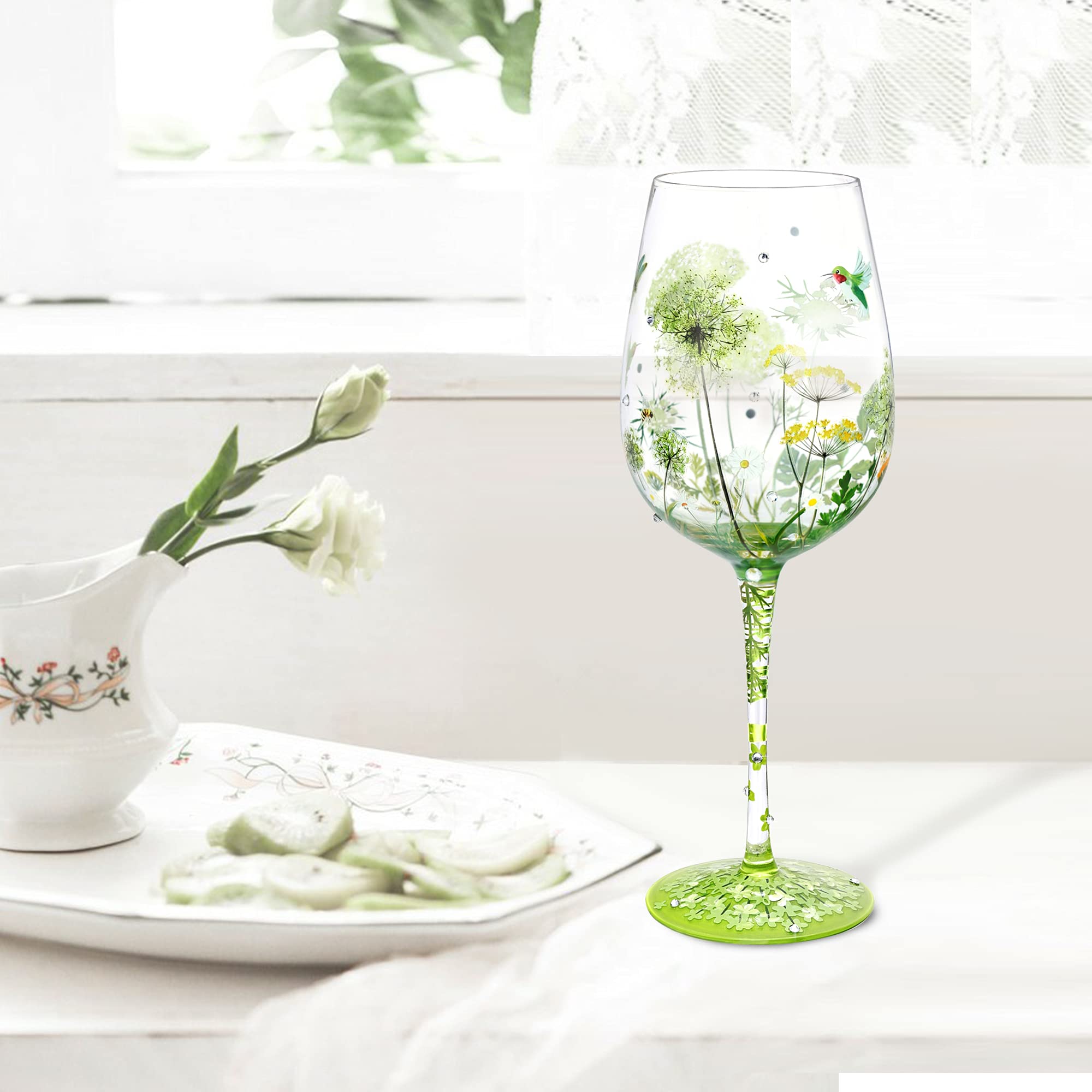 Decorative 15oz wine glass with flower bird Gragonfly