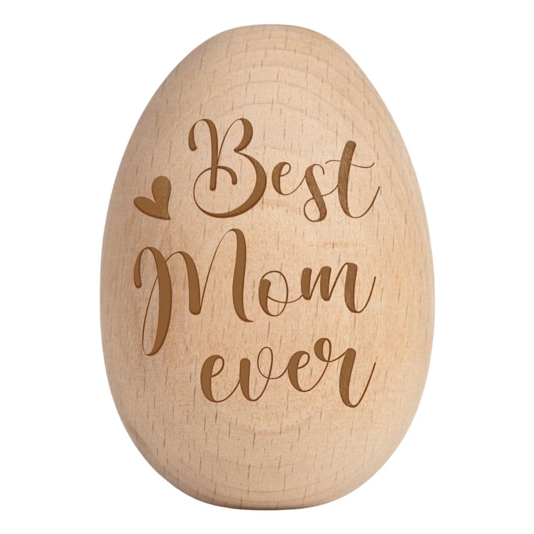 Best Mom Ever wooden egg gift from daughter displayed on a shelf