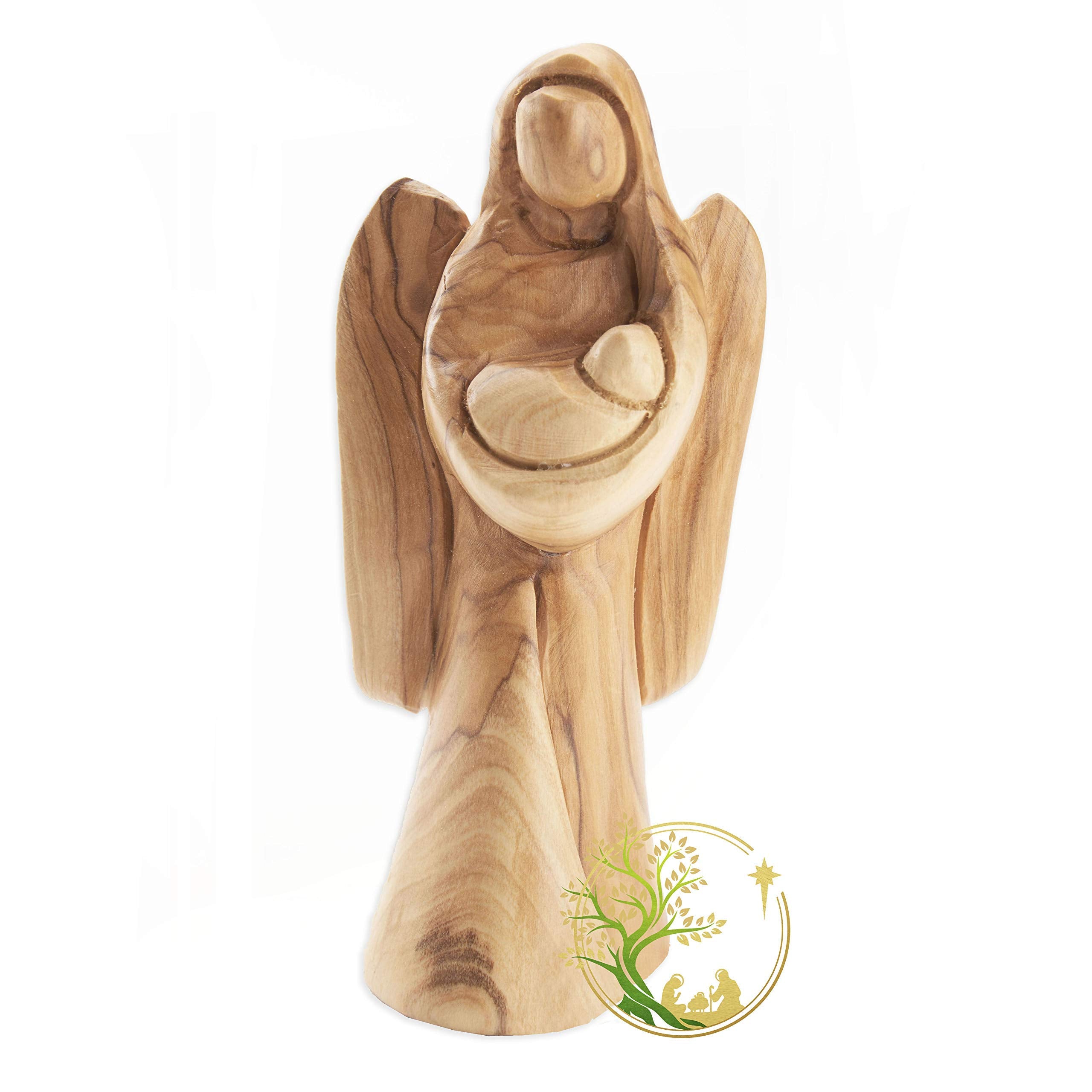 Nursery decor angel statue in olive wood grain