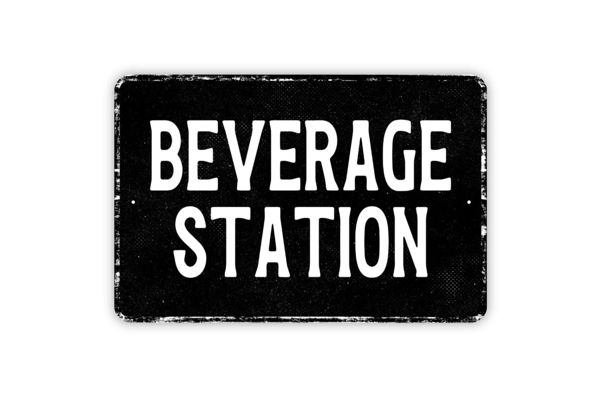 Beverage Station metal sign with vintage black and white design