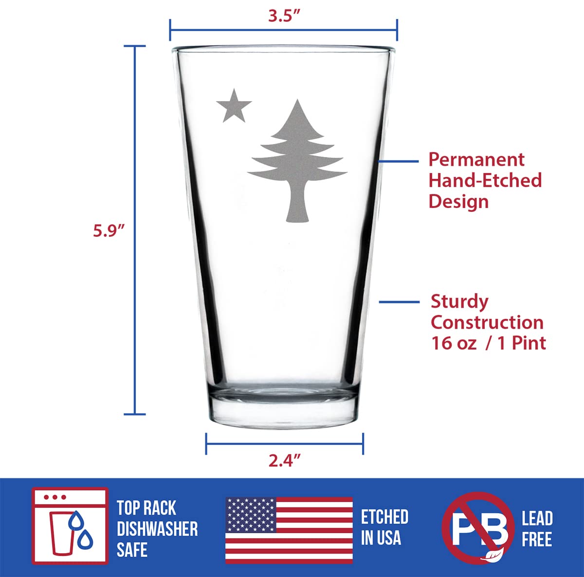 Dishwasher safe Maine flag pint glass for daily use