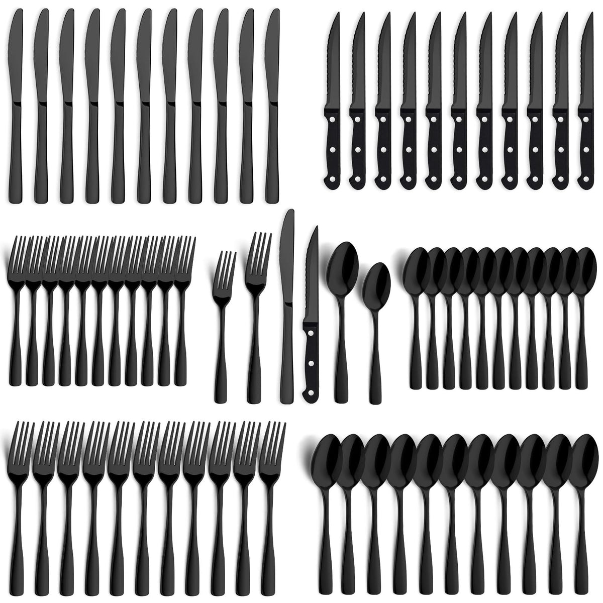 BEWOS 72-Pieces Black Silverware Set for 12 arranged as a full place setting