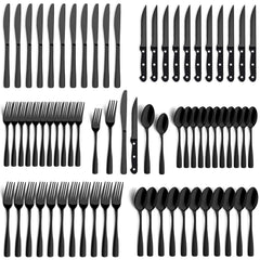BEWOS 72-Pieces Black Silverware Set for 12 arranged as a full place setting