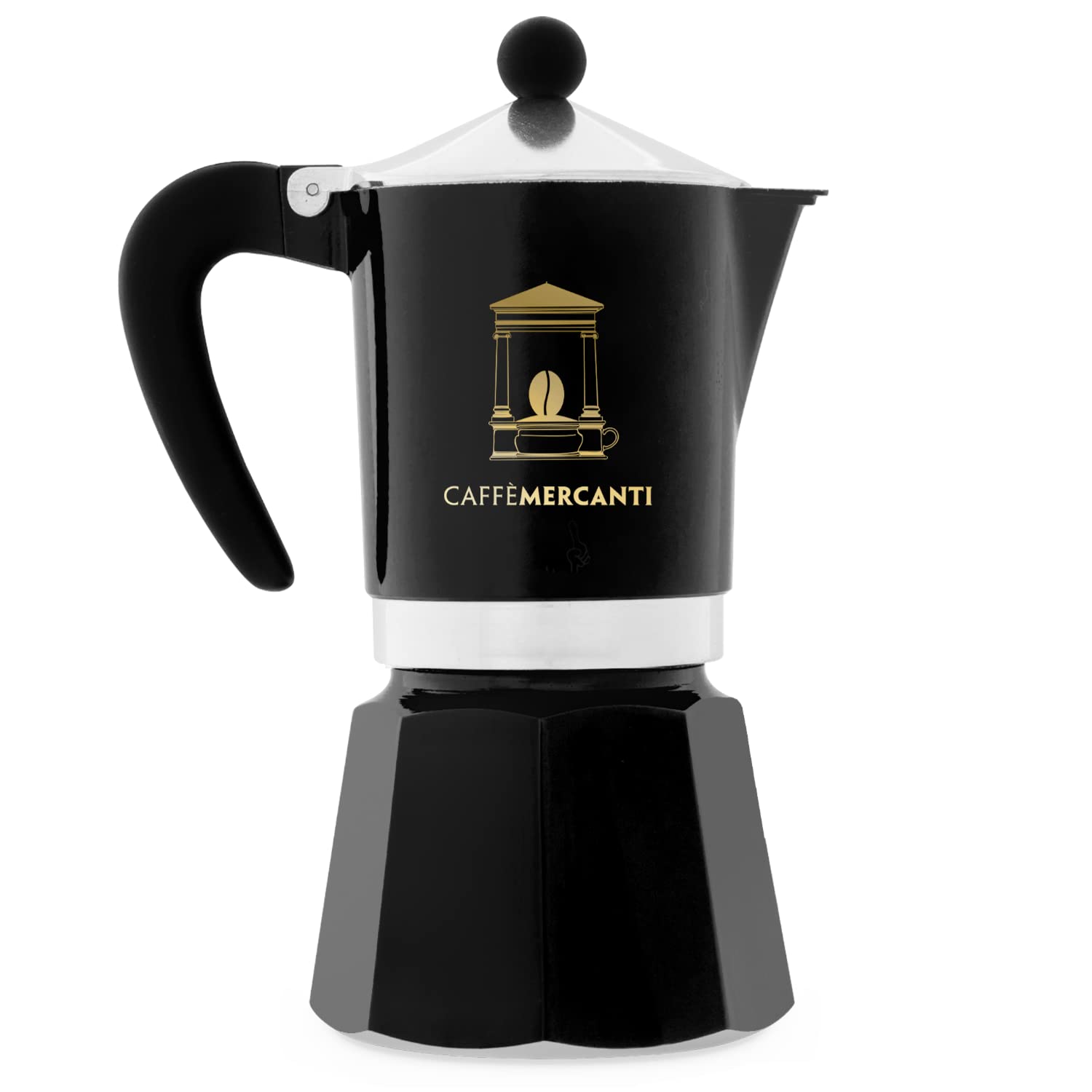 Caffe Mercanti Black Oro 6 Cups moka pot model label