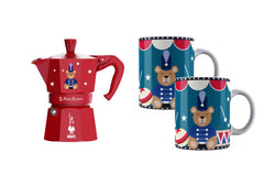 Set of two 10 oz porcelain mugs included with Moka Express 6 cups set