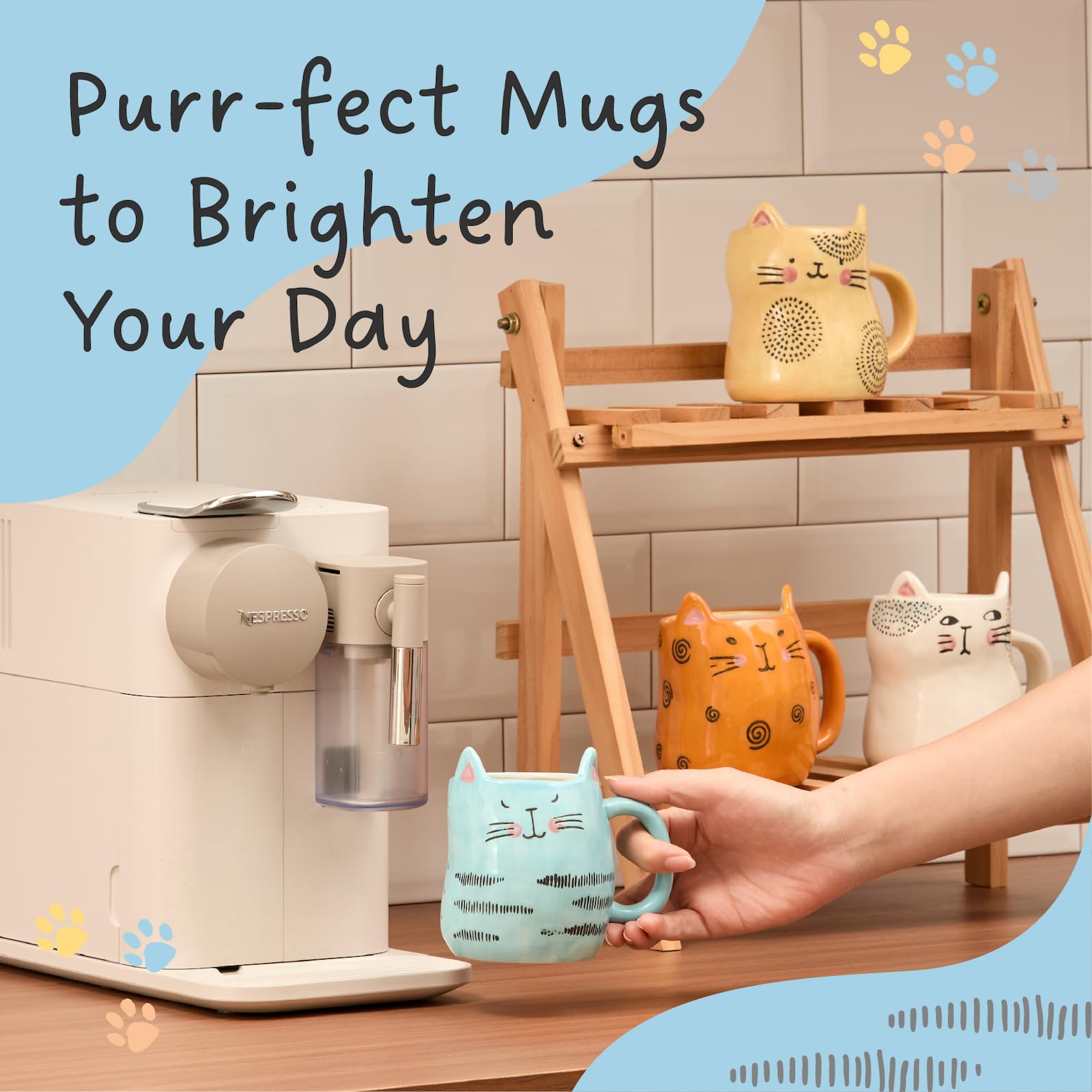 Bico 10 oz ceramic cat mugs featuring different cat faces