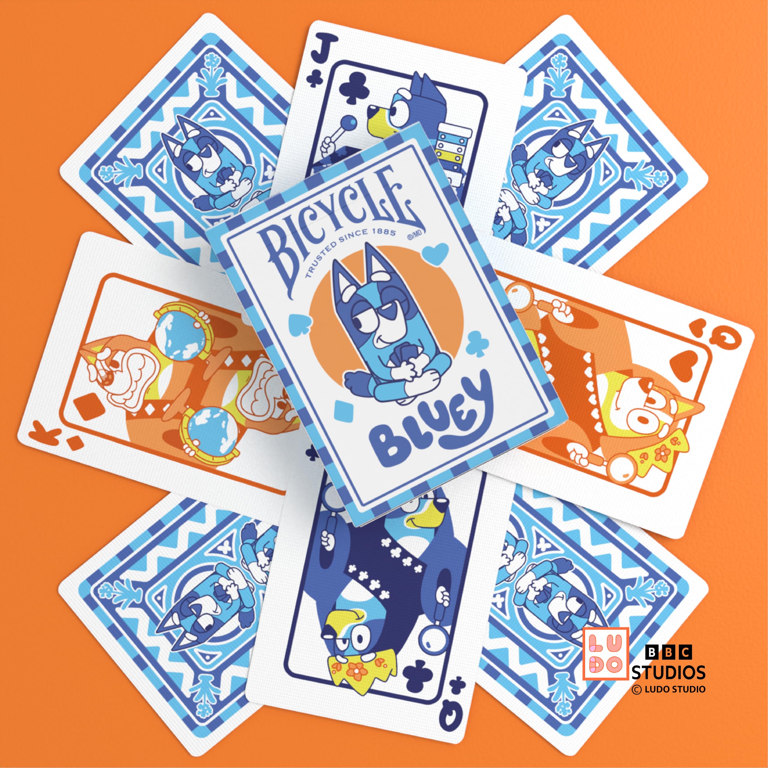 Official Bluey artwork on Bicycle playing cards