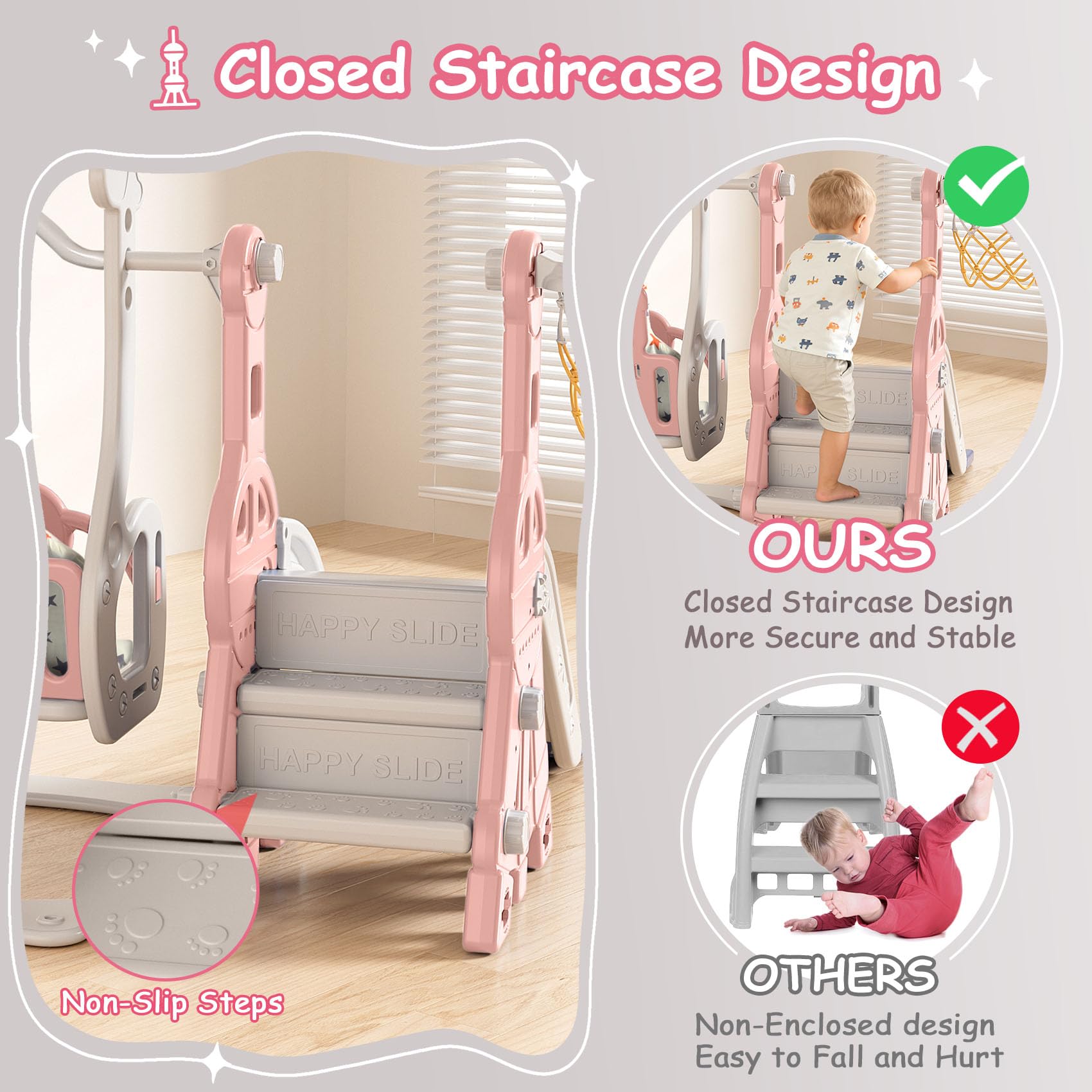 Closed staircase design with acceleration deceleration and buffer zones