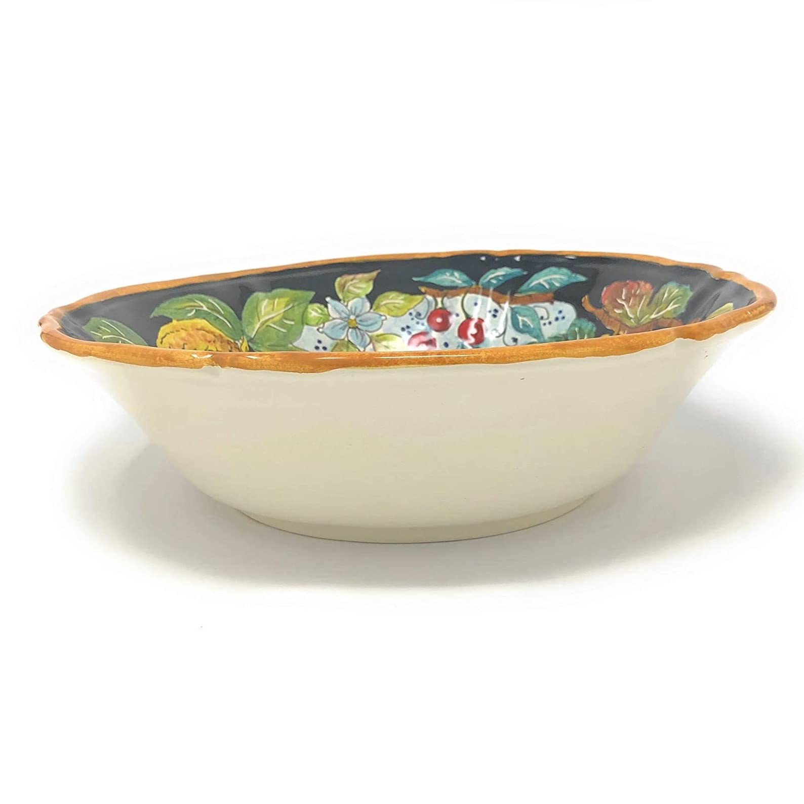 hand-painted pattern featuring white grapes pomegranates cherries and flowers on black