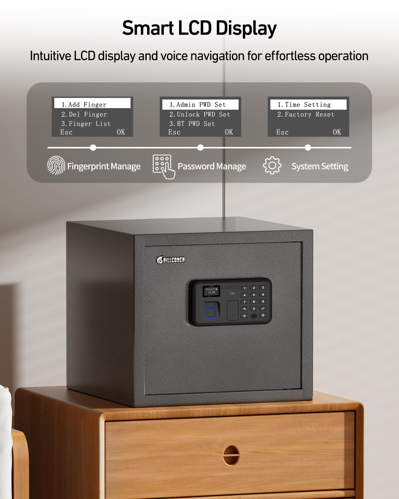 Fingerprint biometric unlock option for Billconch safe