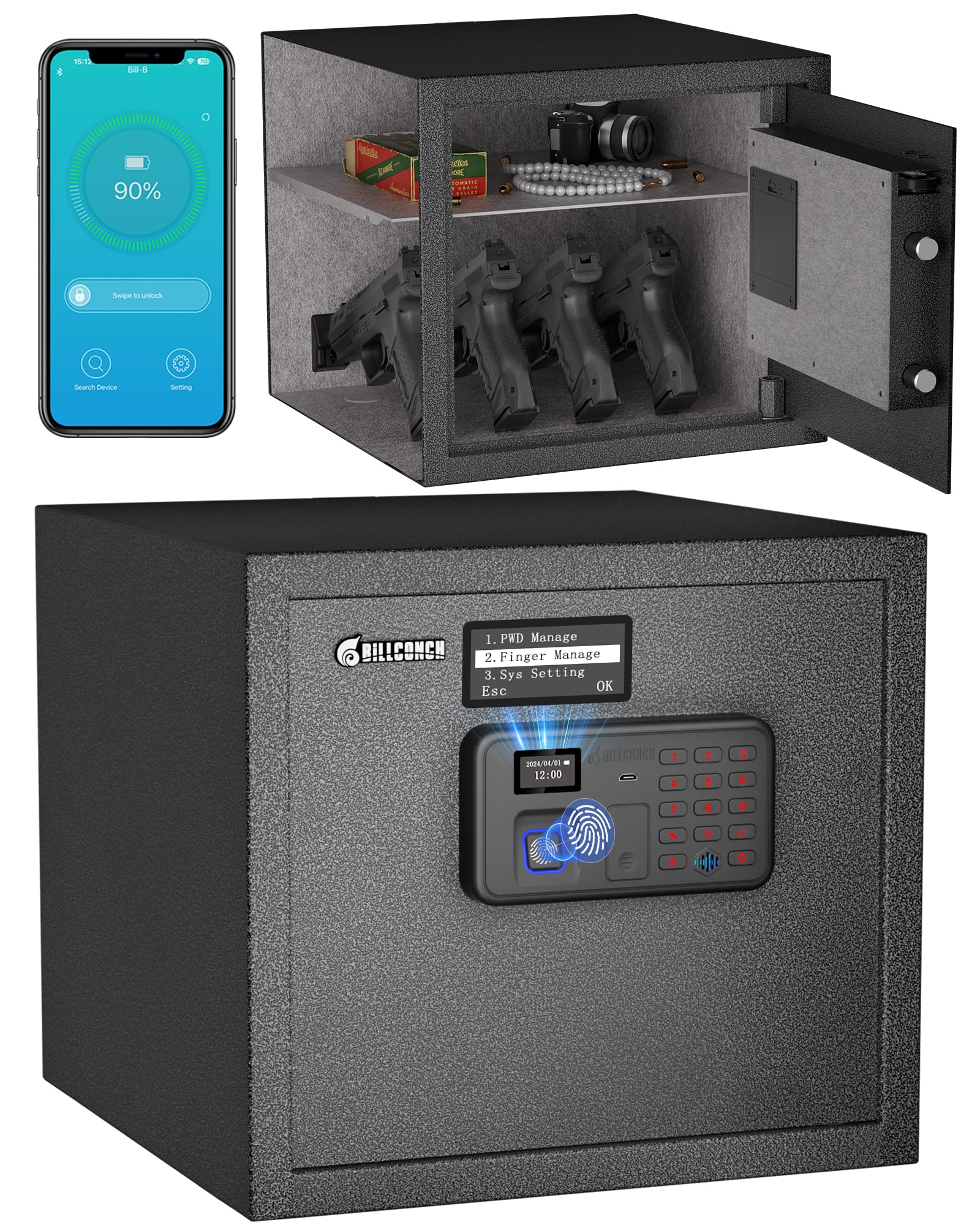 Billconch Smart Gun Safe front view with four pistol capacity