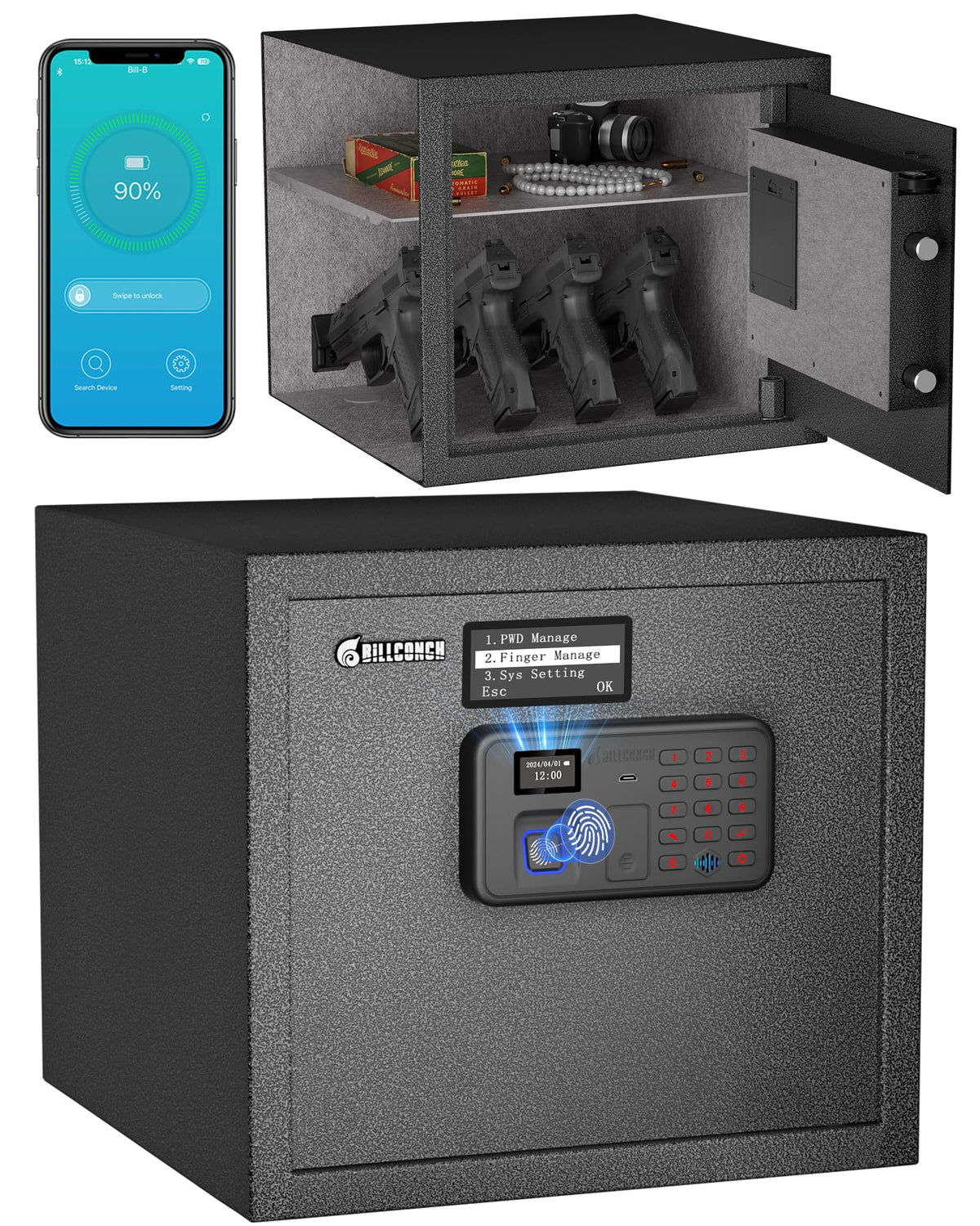 Billconch Smart Gun Safe front view with four pistol capacity