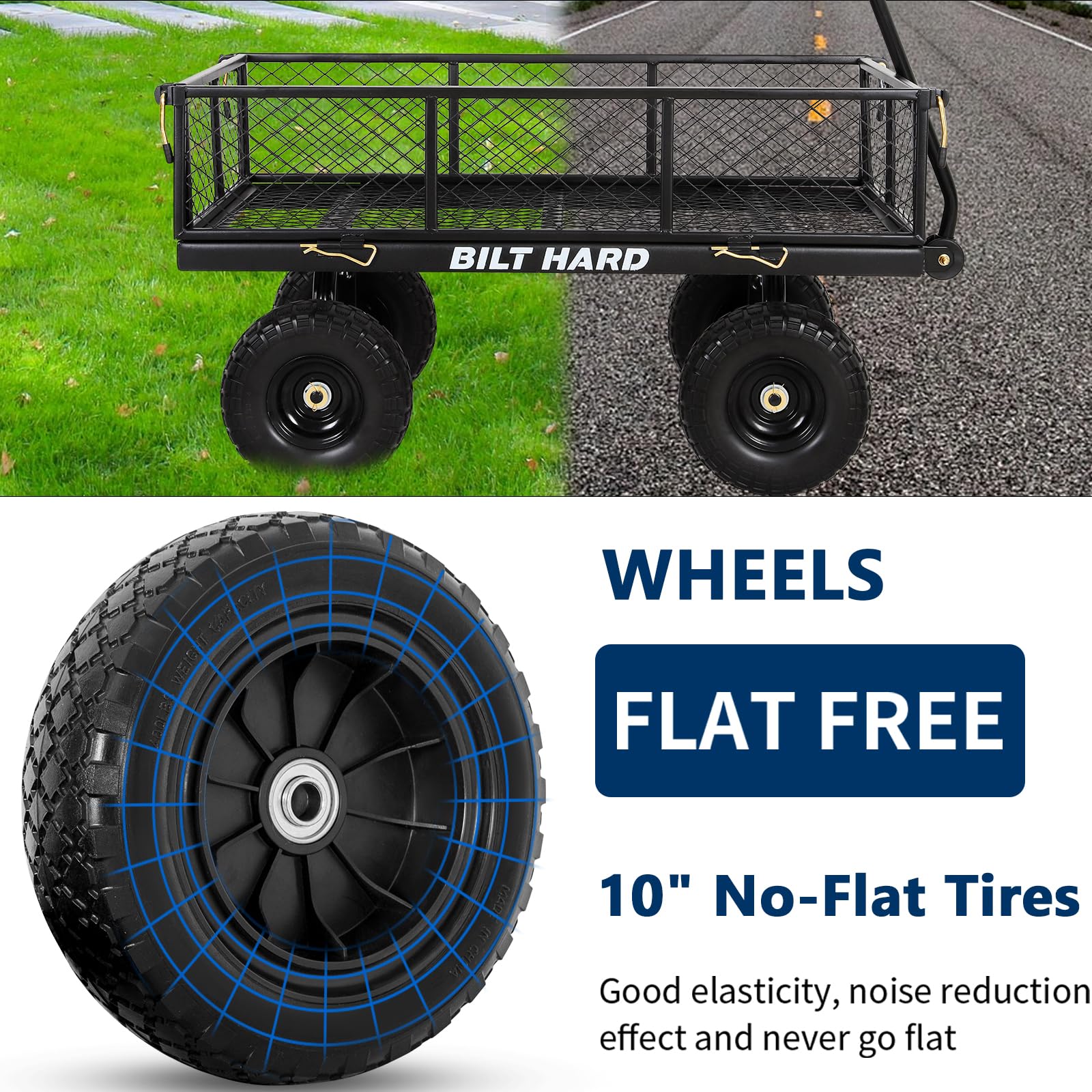 Flat free tires on BILT HARD cart for outdoor use