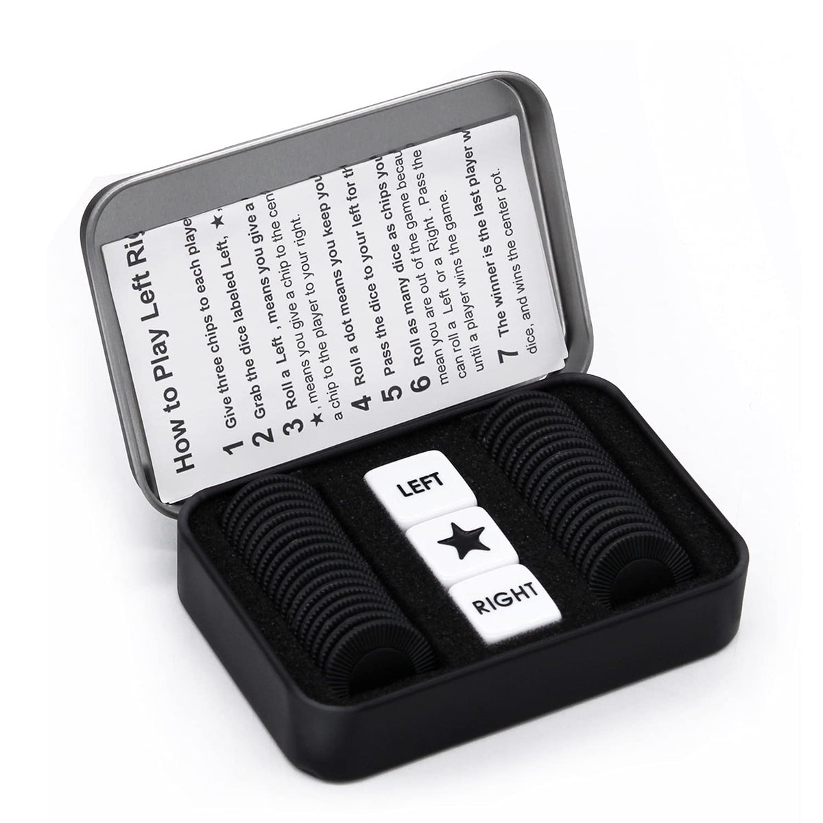 Bilywey Left Right Dice Game Set 3 Dices 36 Black Chips in metal box