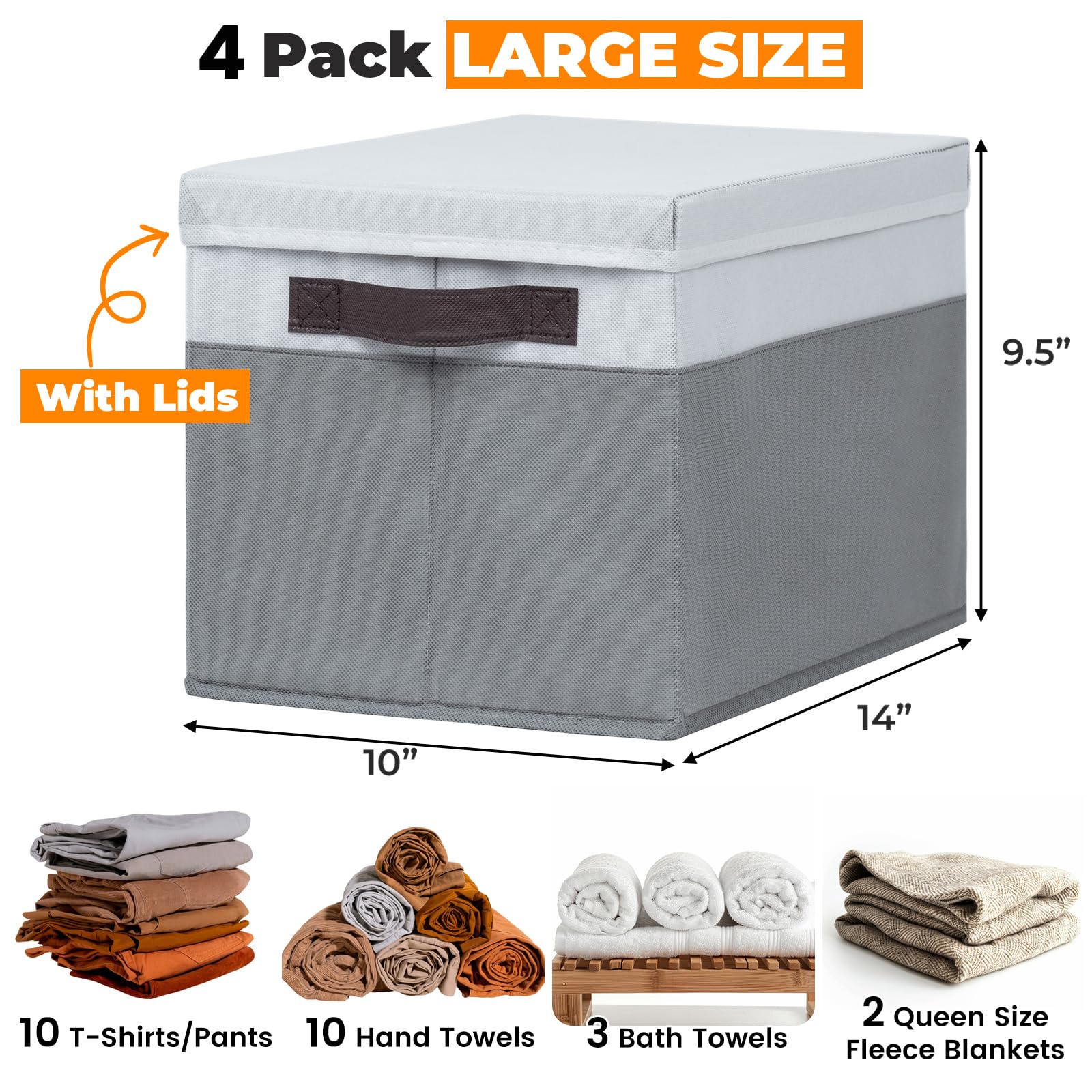 Stackable storage bin with lid and handles for closet organization