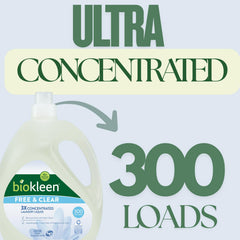 Biokleen 300 loads dye-free unscented detergent bottle