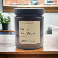 Birch & Black Pepper Soy Candle label and packaging