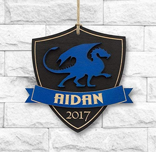 Laser engraved dragon shield Christmas ornament