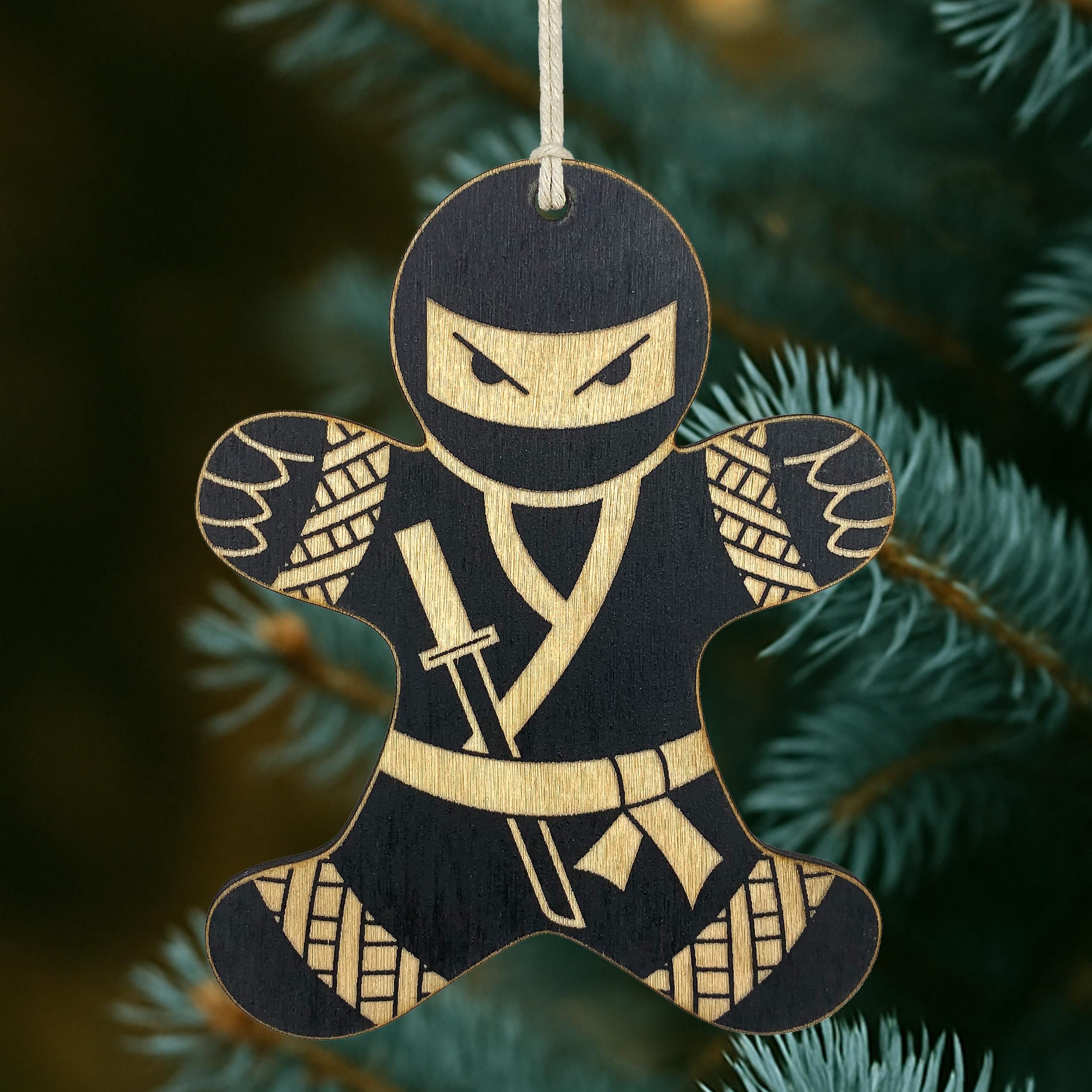 Birch wood ornament for Christmas tree Ninja Gingerbread Man