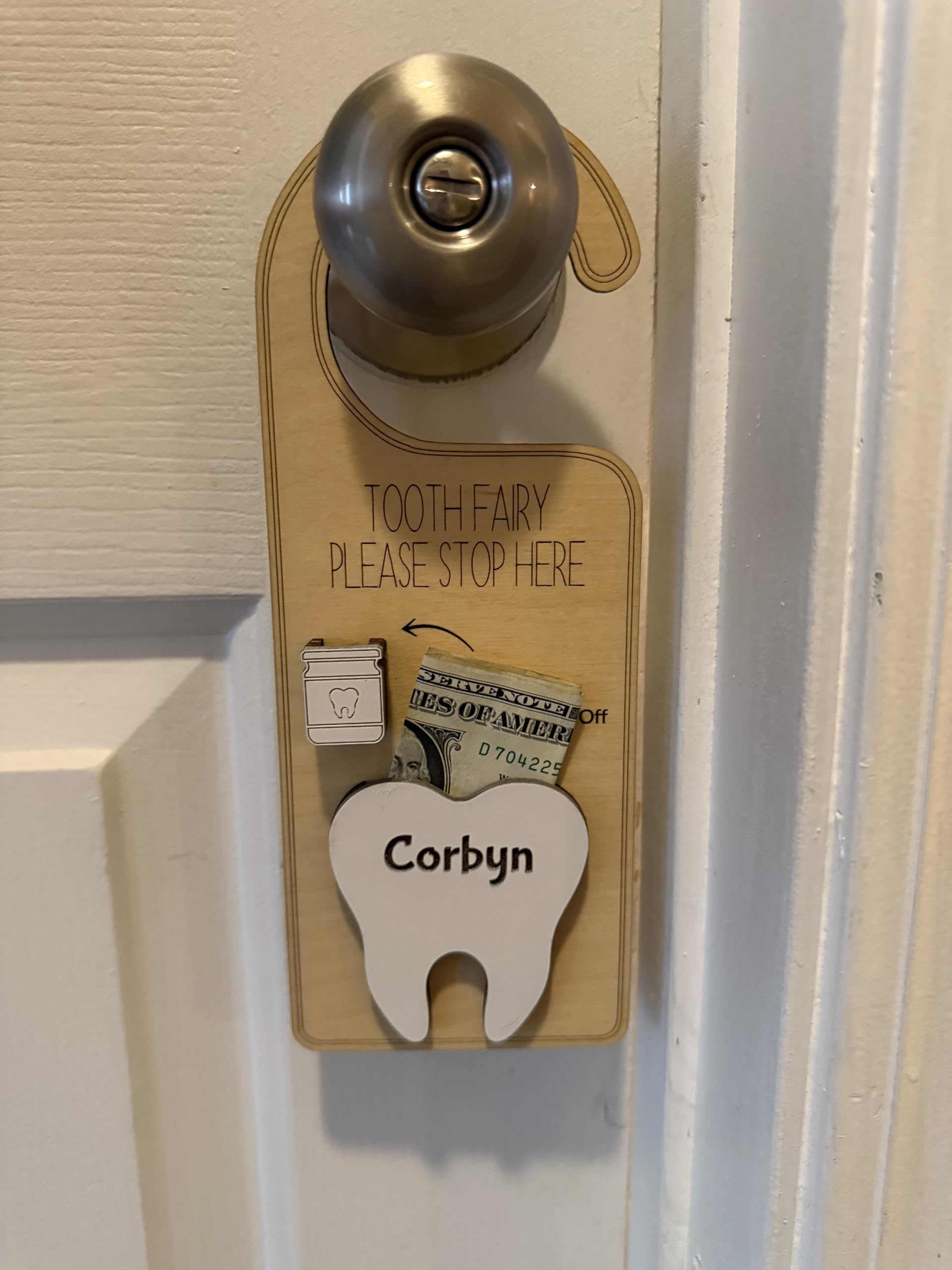 Birch wood door hanger with tooth jar and money slot