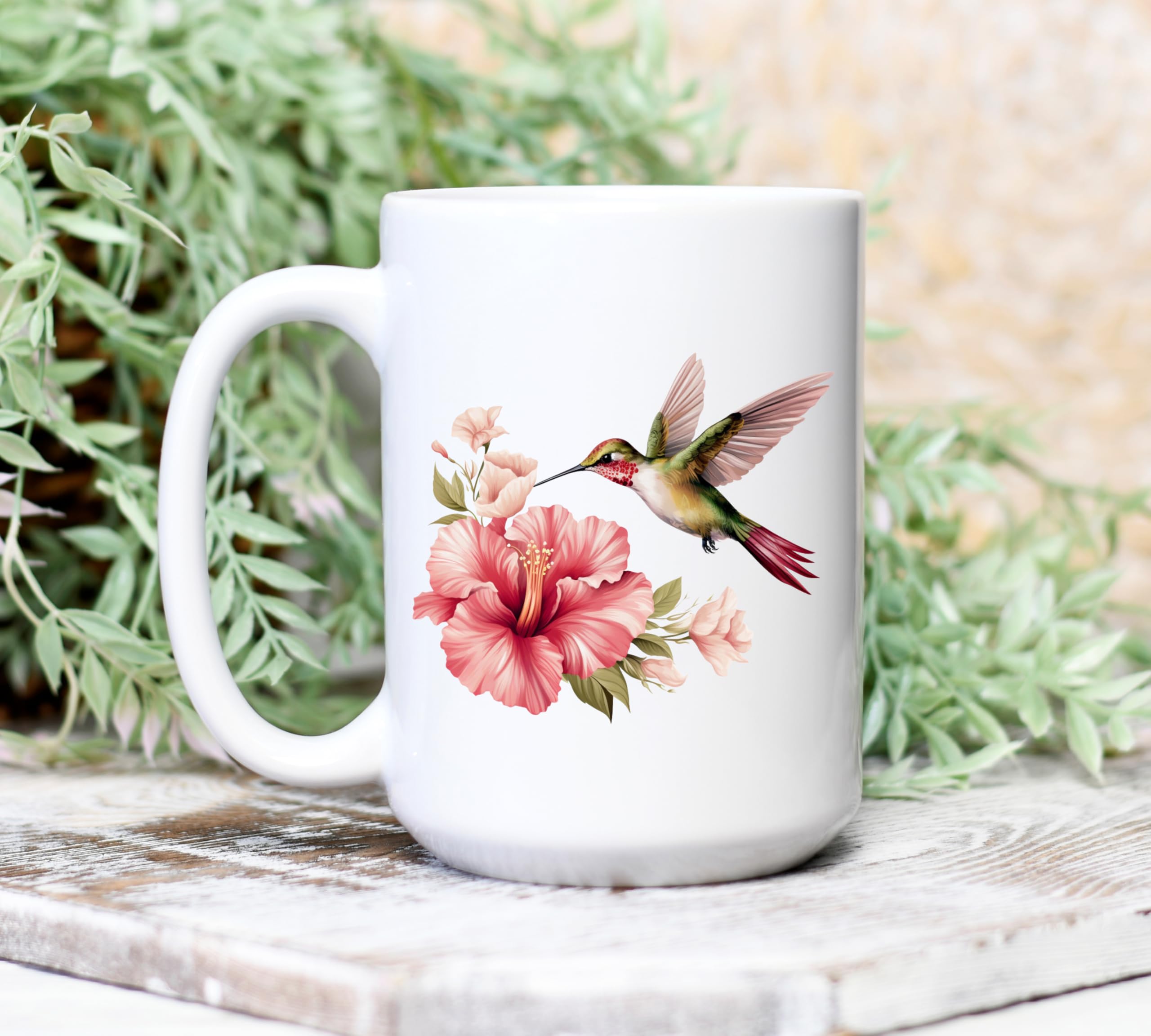 Durable ceramic mug featuring hummingbird and floral motif