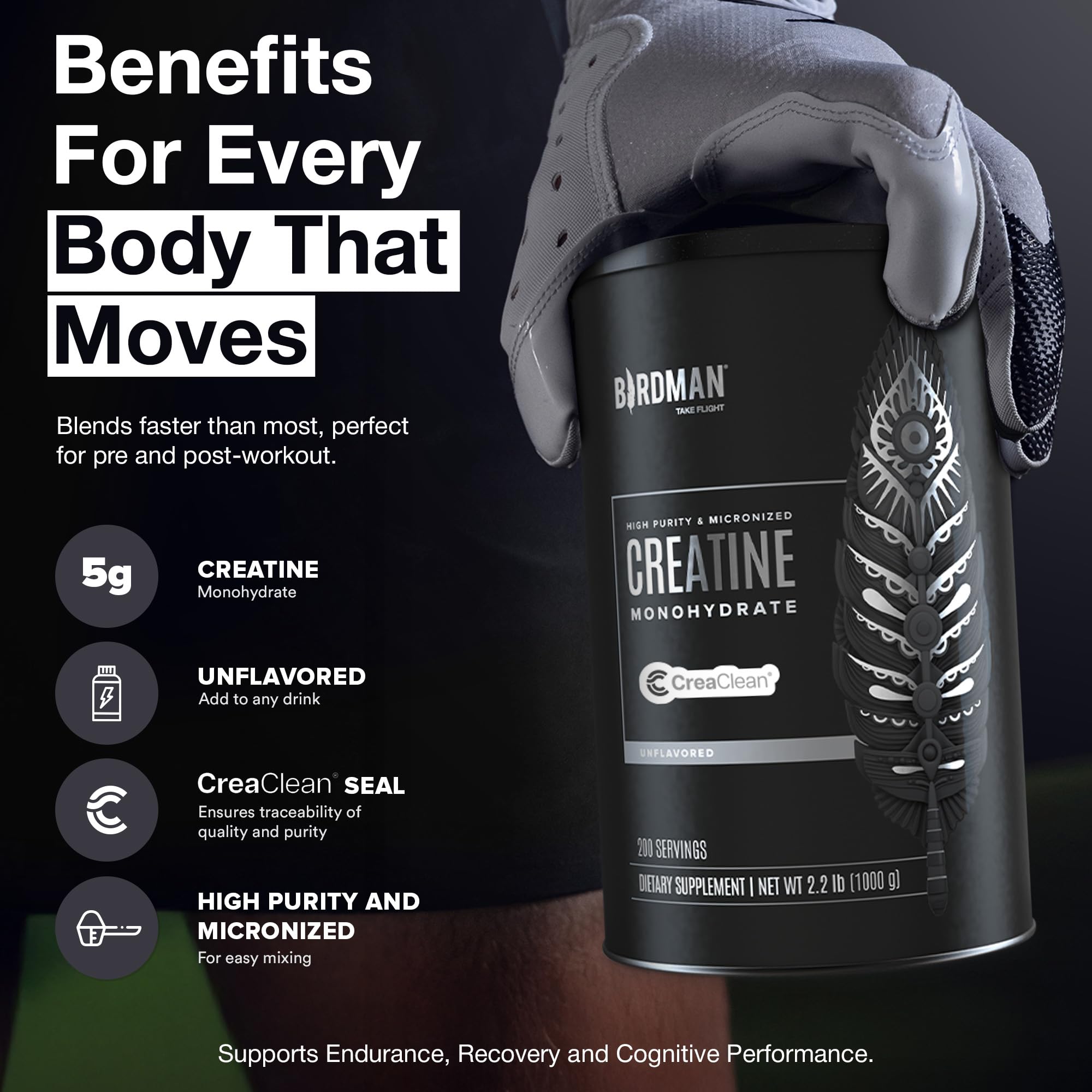 Birdman micronized creatine monohydrate powder unflavored 200 servings