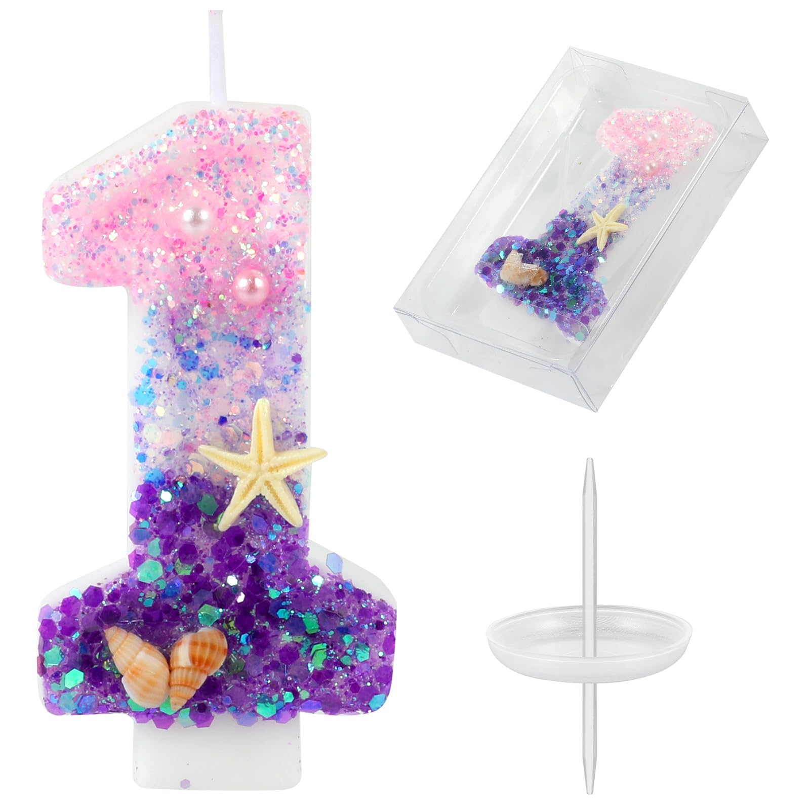 Pink and purple Number 1 candle with conchs starfish pearls