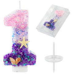 Pink and purple Number 1 candle with conchs starfish pearls