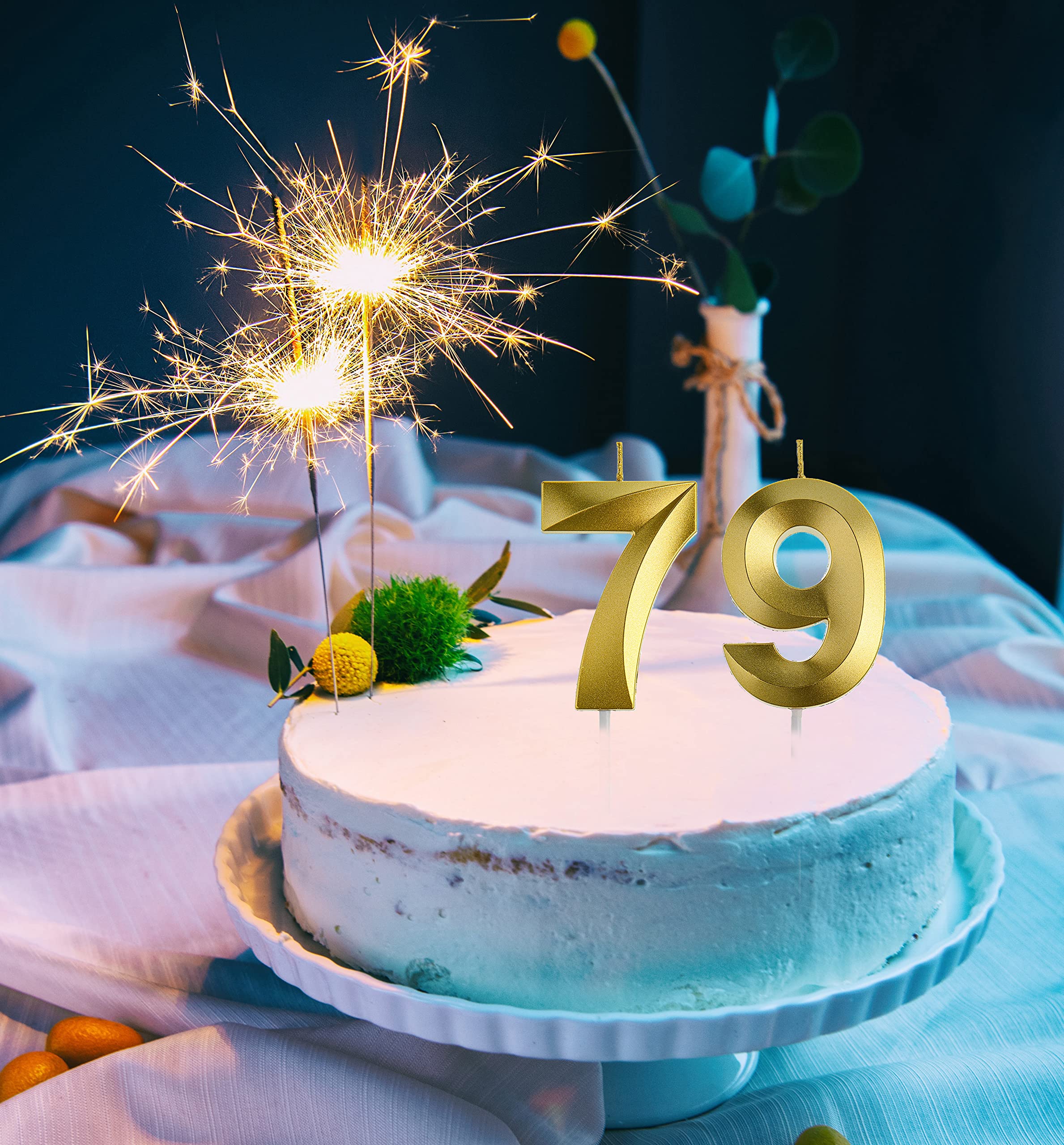 Birthday decorations with gold candle toppers for celebrations