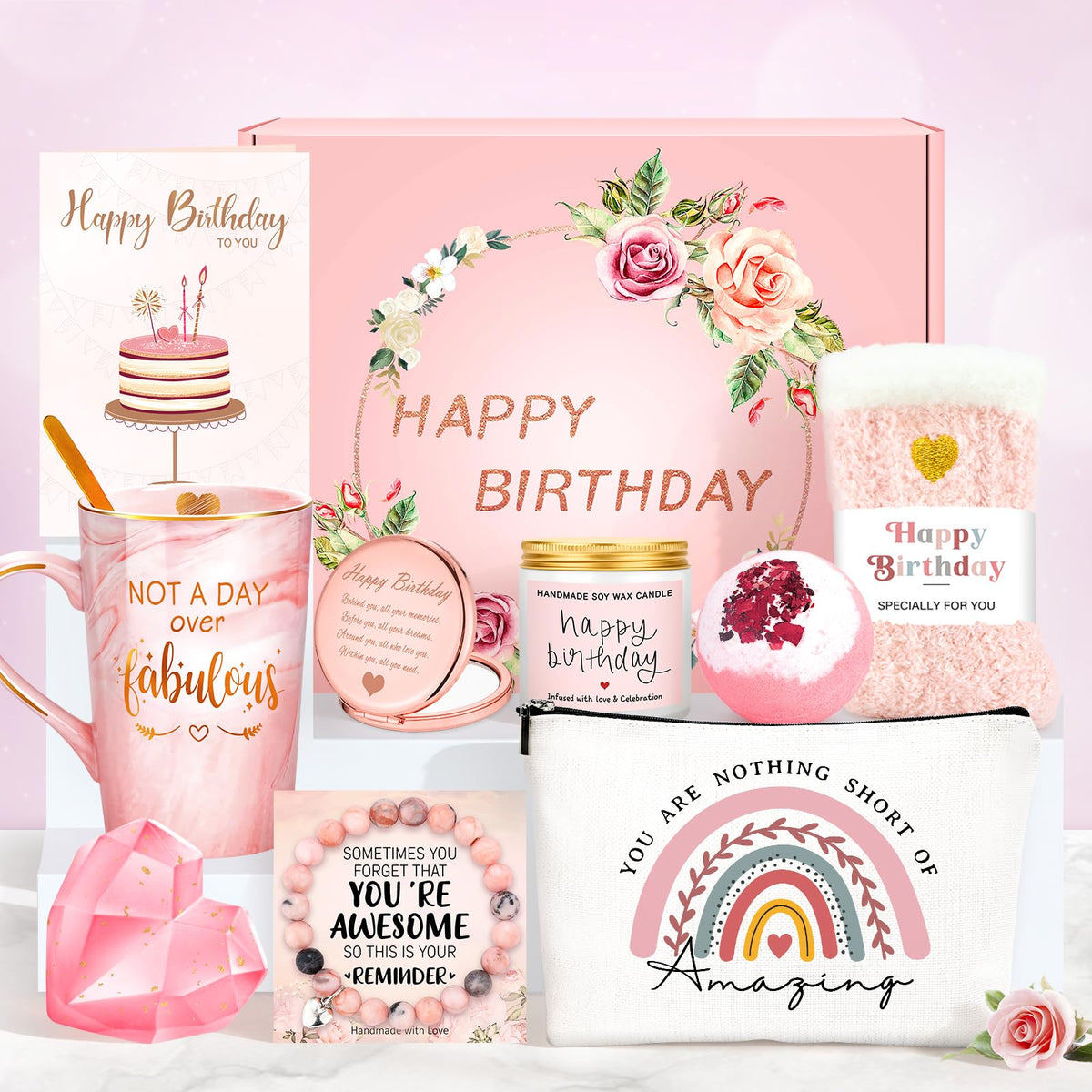 Birthday Gifts for Women gift basket concept with mug and candle