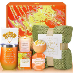 Birthday gifts for women spa gift basket with soft flannel blanket orange