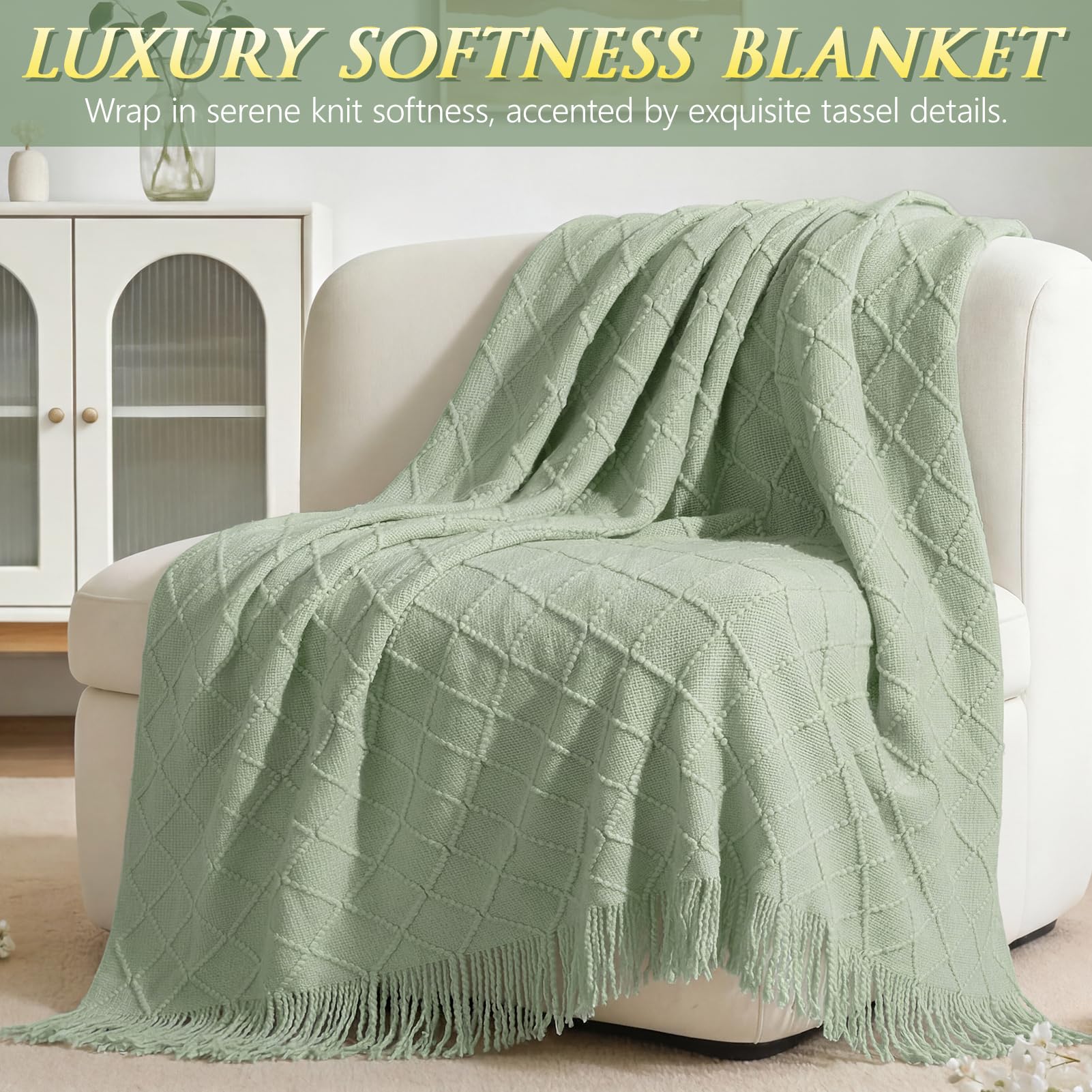 52×67in knitted tassel blanket size detail