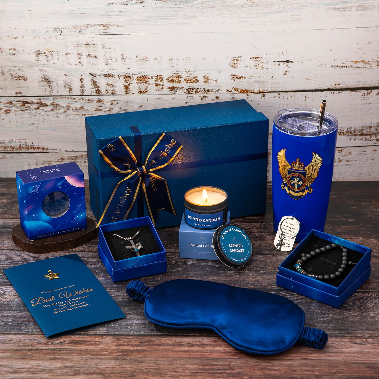 Blue Man Premium Gifts Basket includes silk eye mask and bracelet