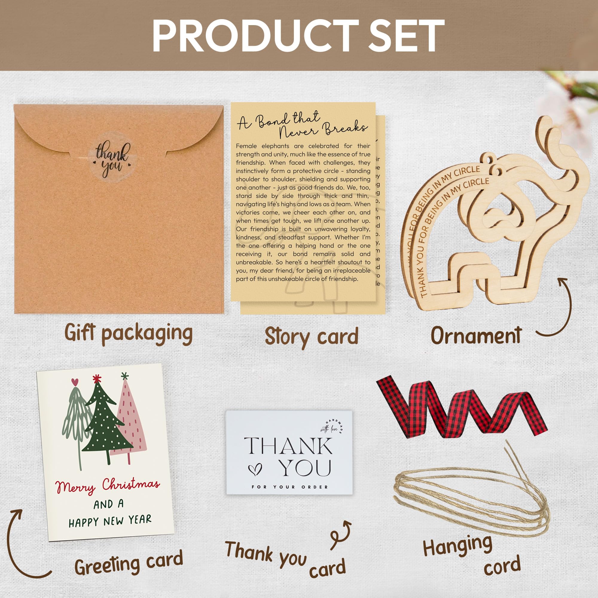 Story card included with friendship elephant ornament