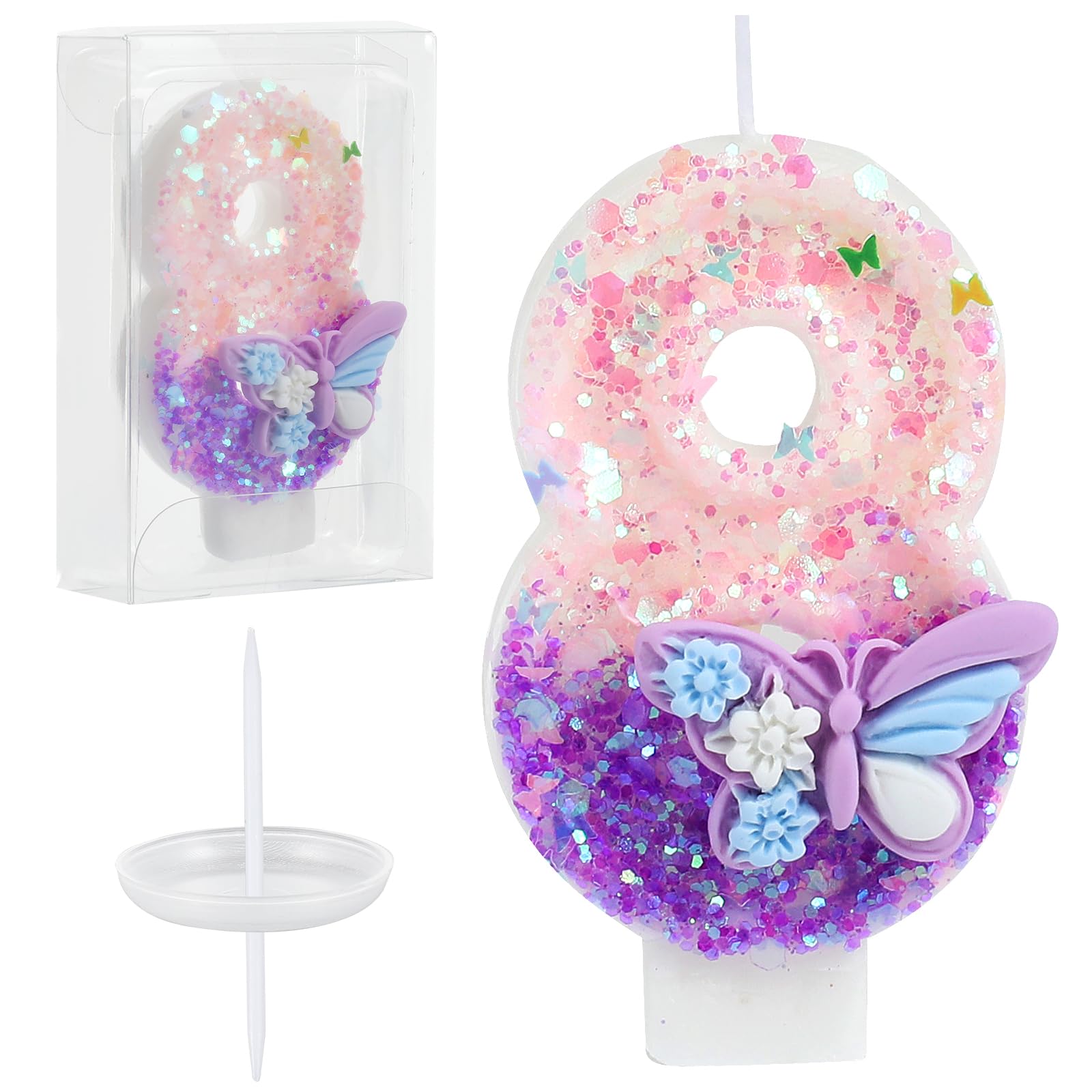 Pink and purple butterfly Birthday Number Candles closeup