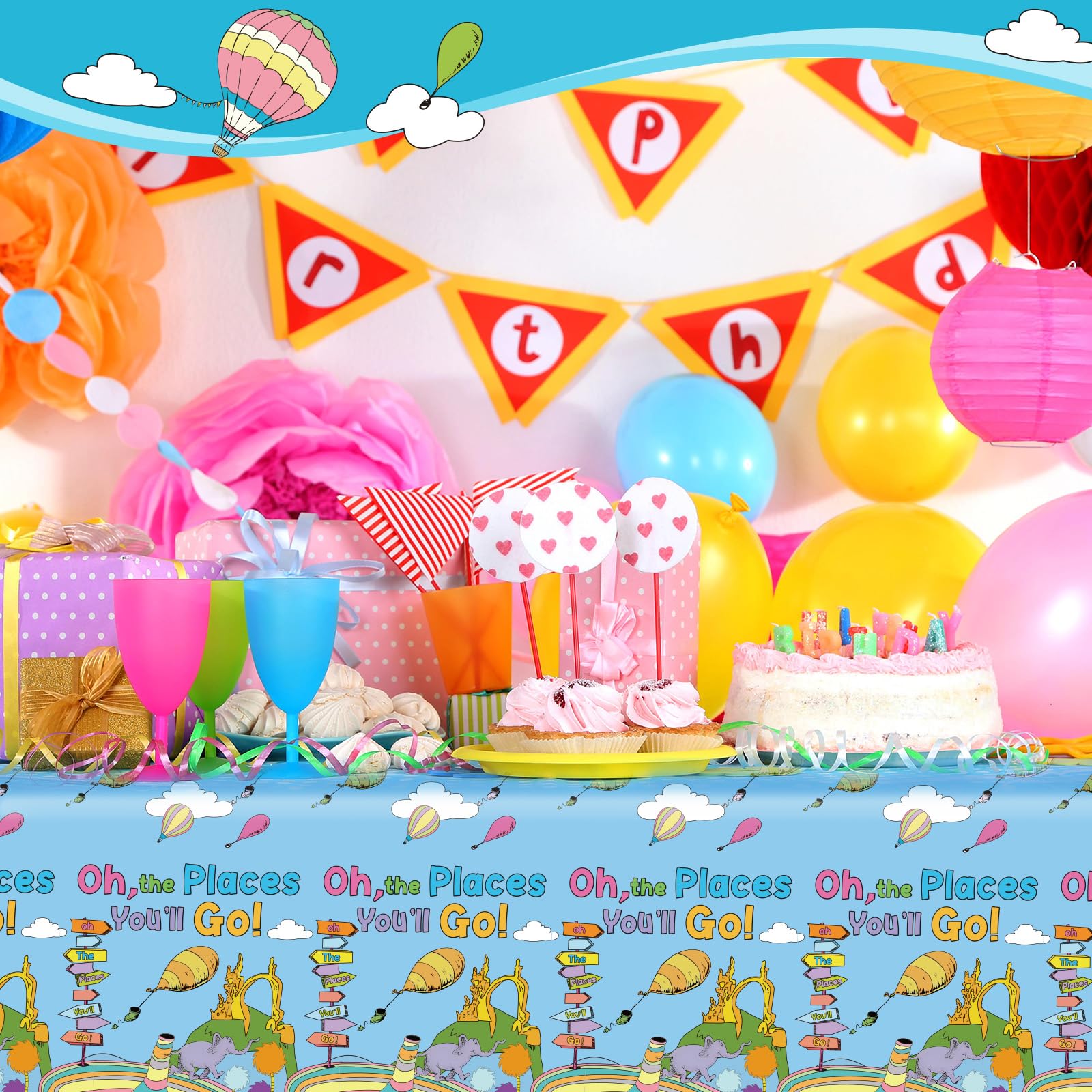 Table setup using 3 pack Oh The Places You'll Go tablecloths