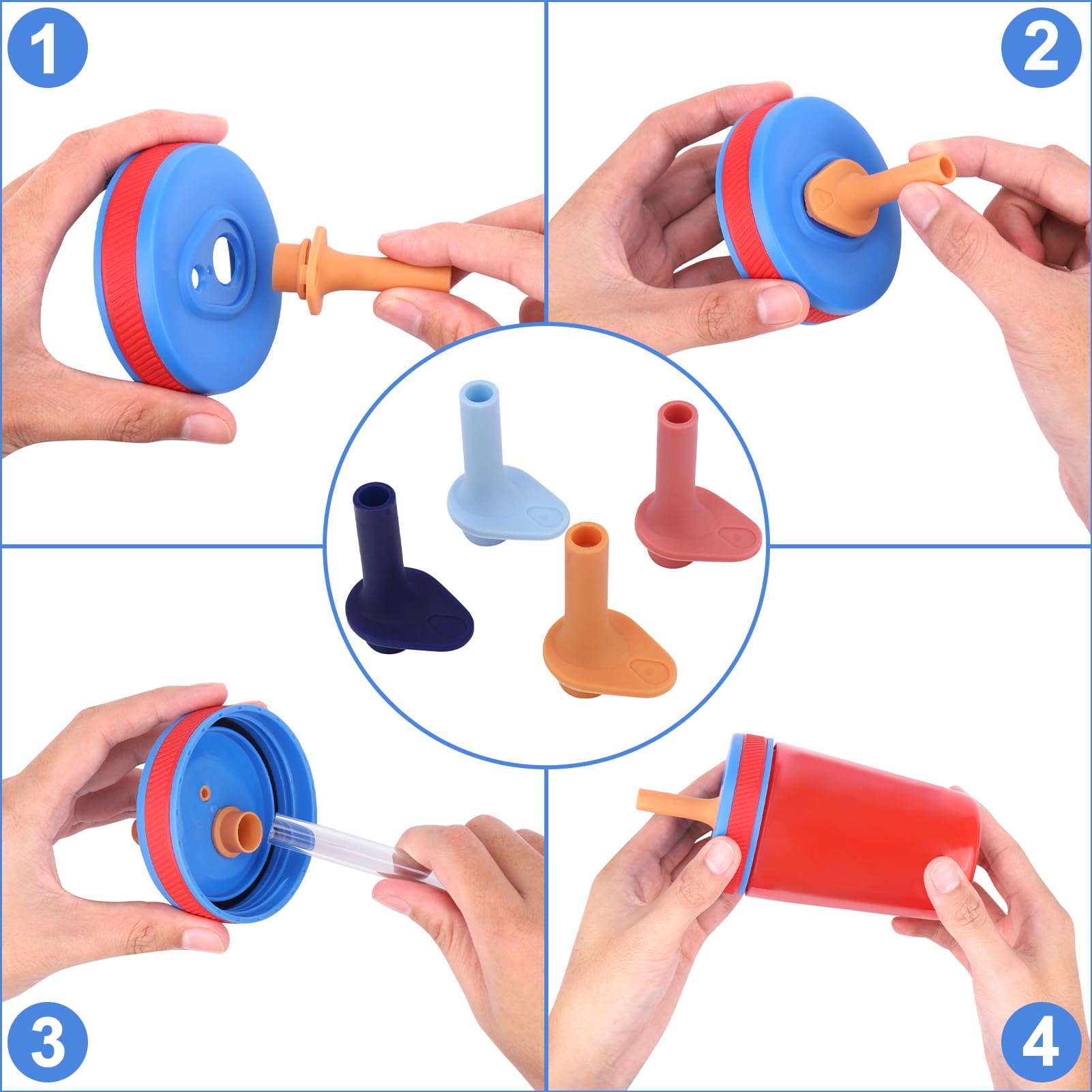 Pack of four reusable straws with bite valves and brush