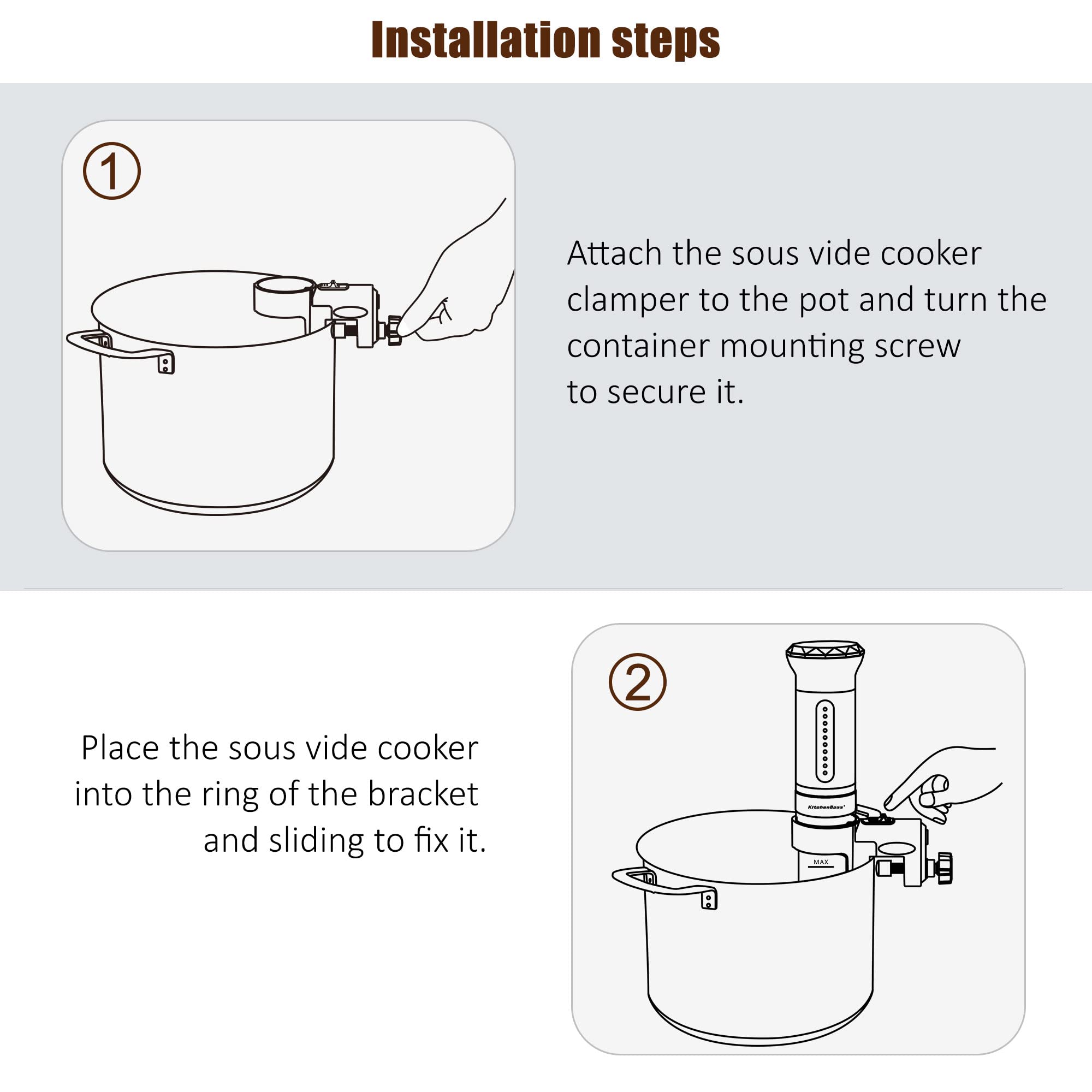 Clamp securely fixes sous vide to pot for KitchenBoss models