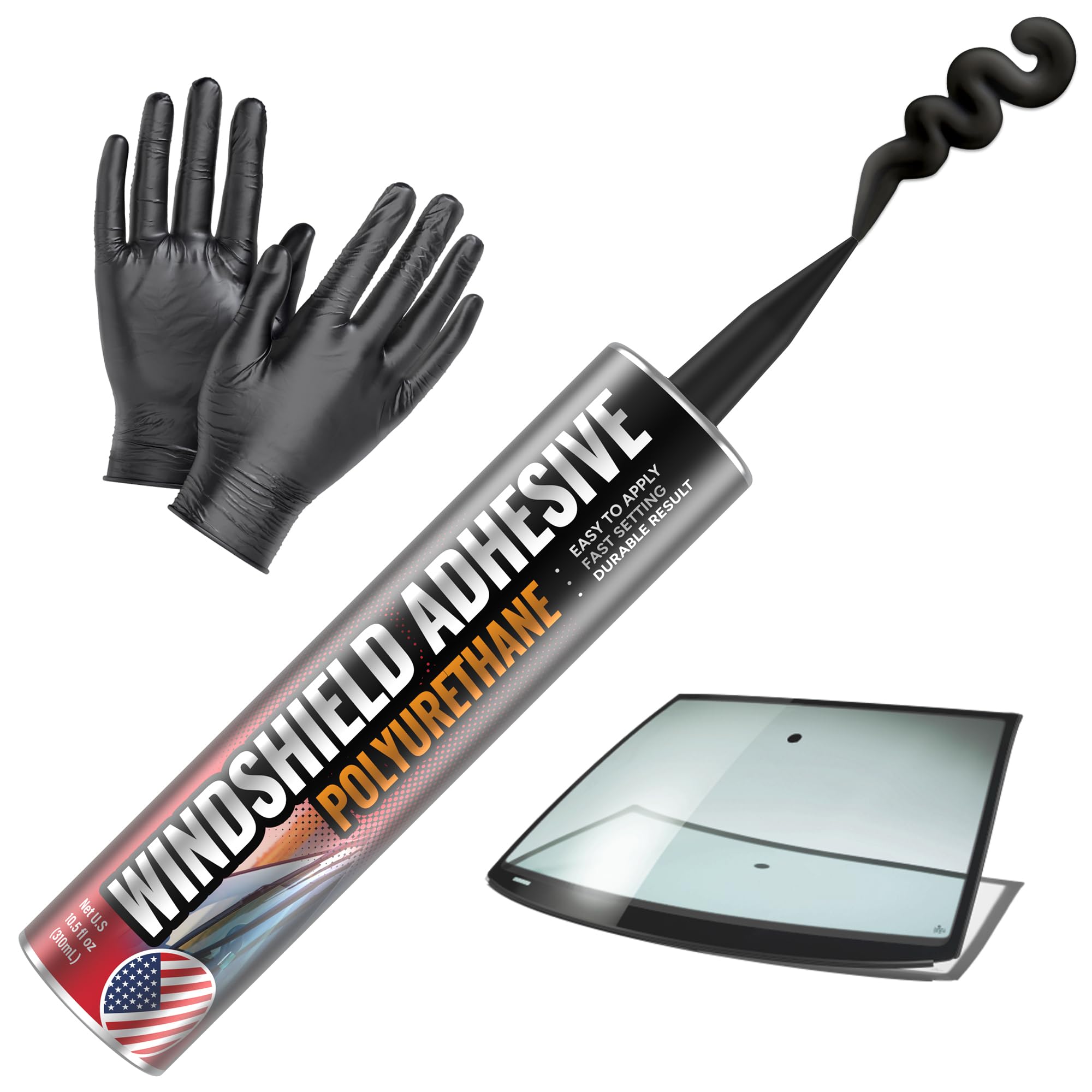 Black 310ml windshield adhesive with applicator tip