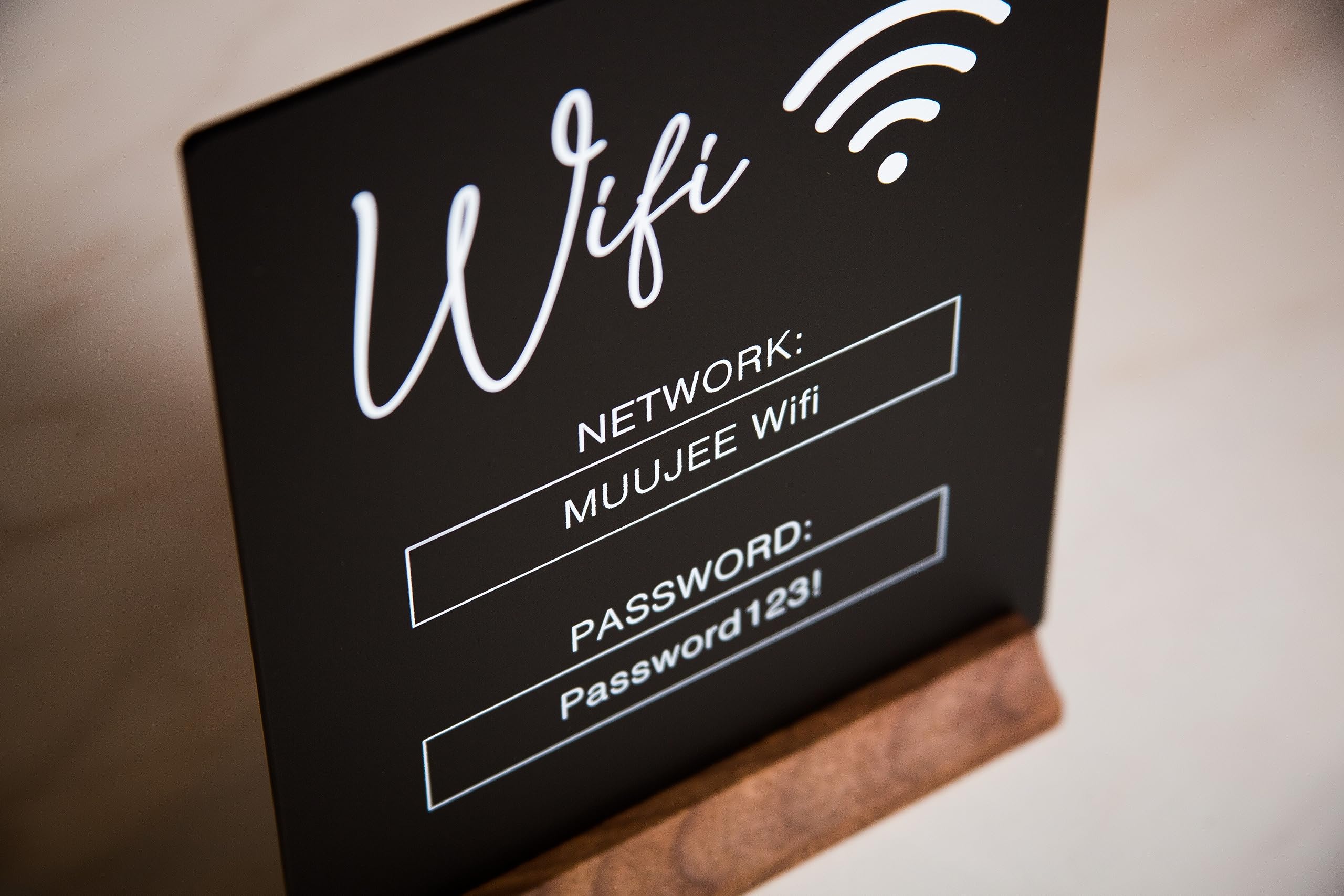Walnut wood stand supports Custom WiFi Password Sign