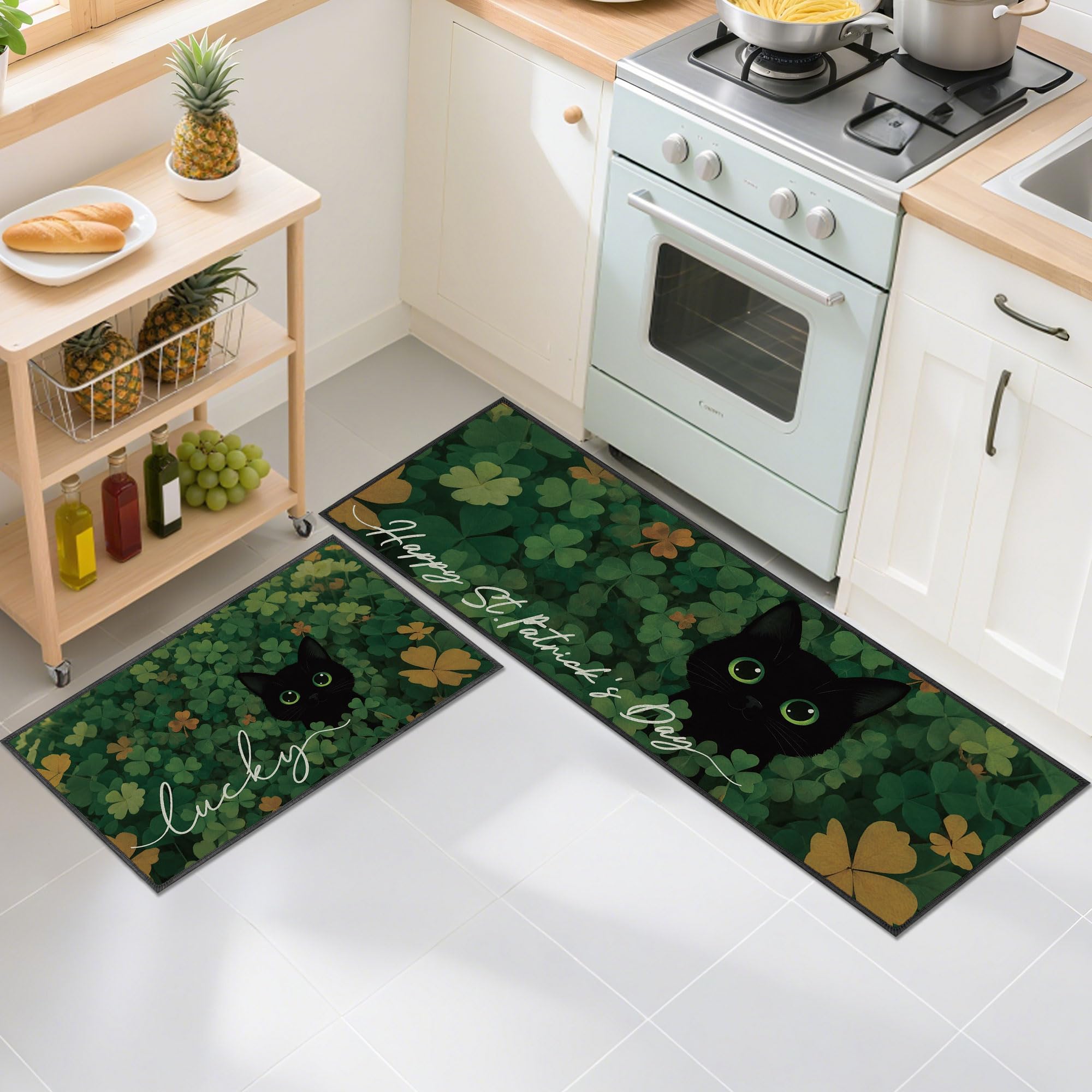 Black Cat Shamrock Runner Rug 16x47 with 16x28 mat