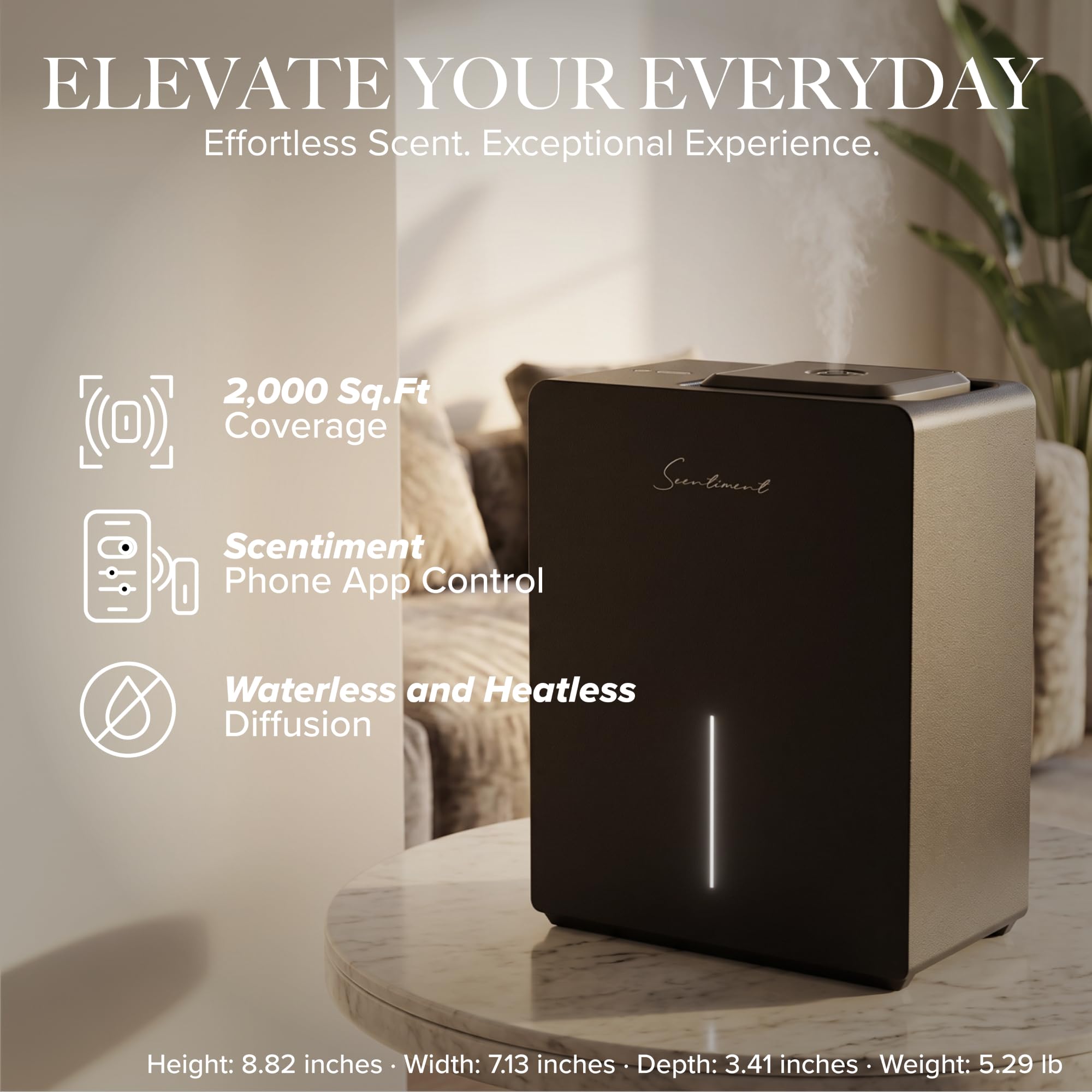 Compact black diffuser with dimensions 7.4 x 3.5 x 7 inches