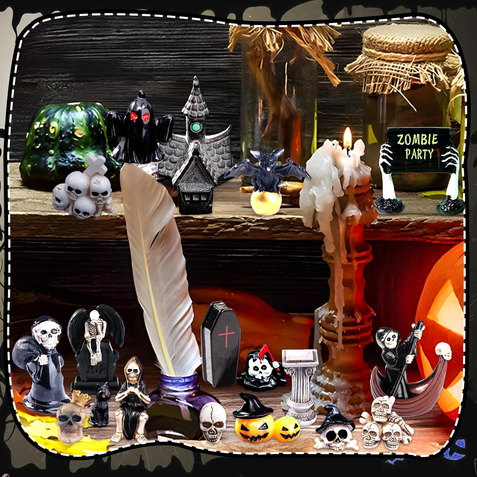 Skulls pumpkins and crows Halloween figurines