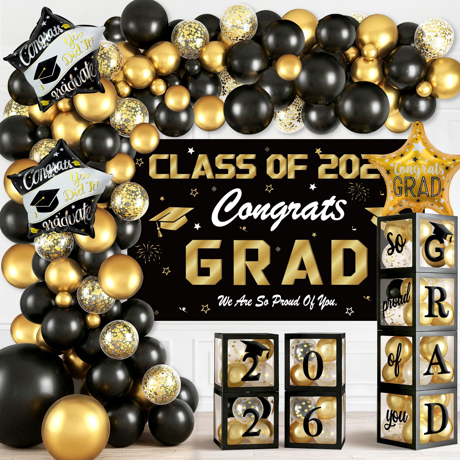 Black and gold graduation decorations 2026 backdrop