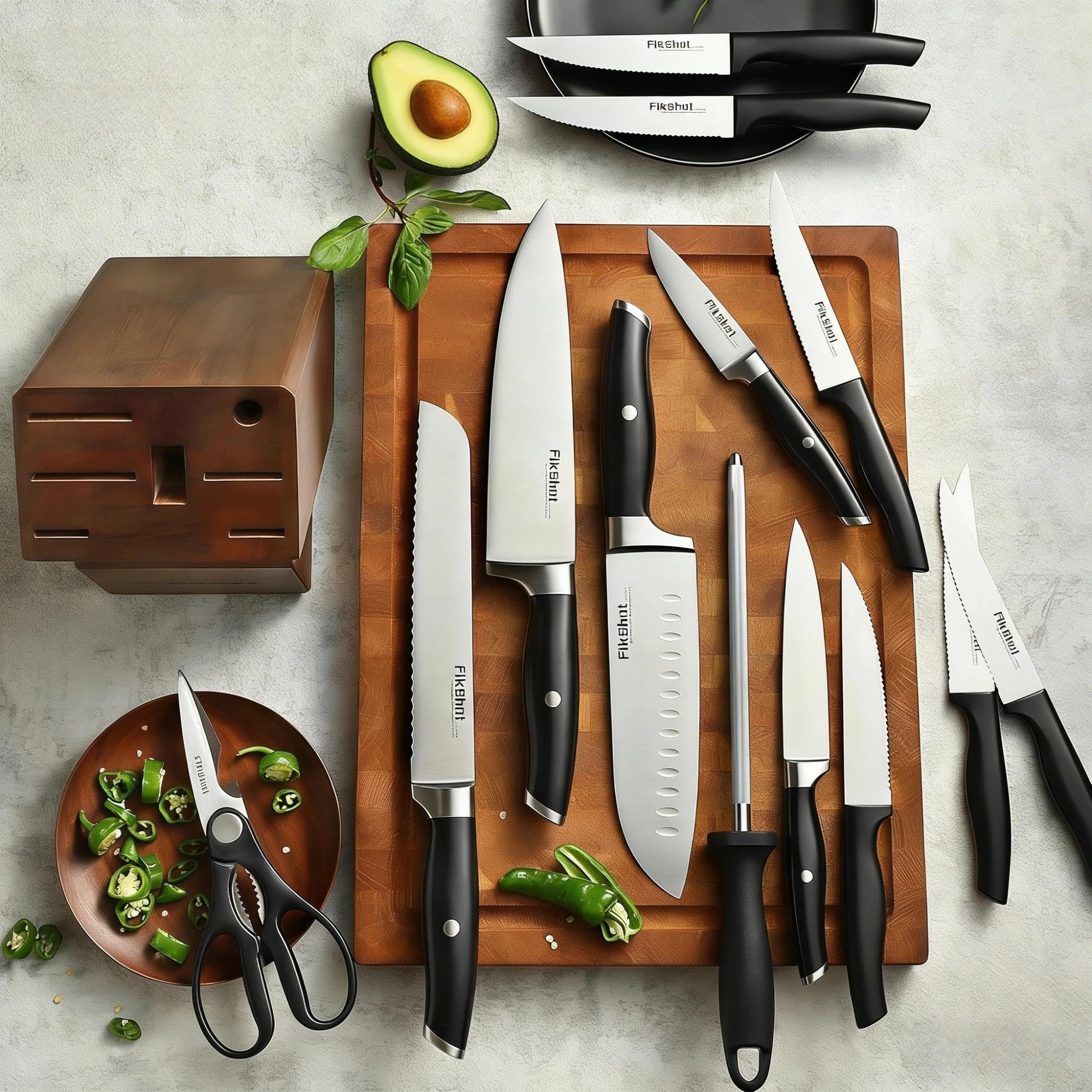 high-carbon steel blades with black handles in Fikshot set