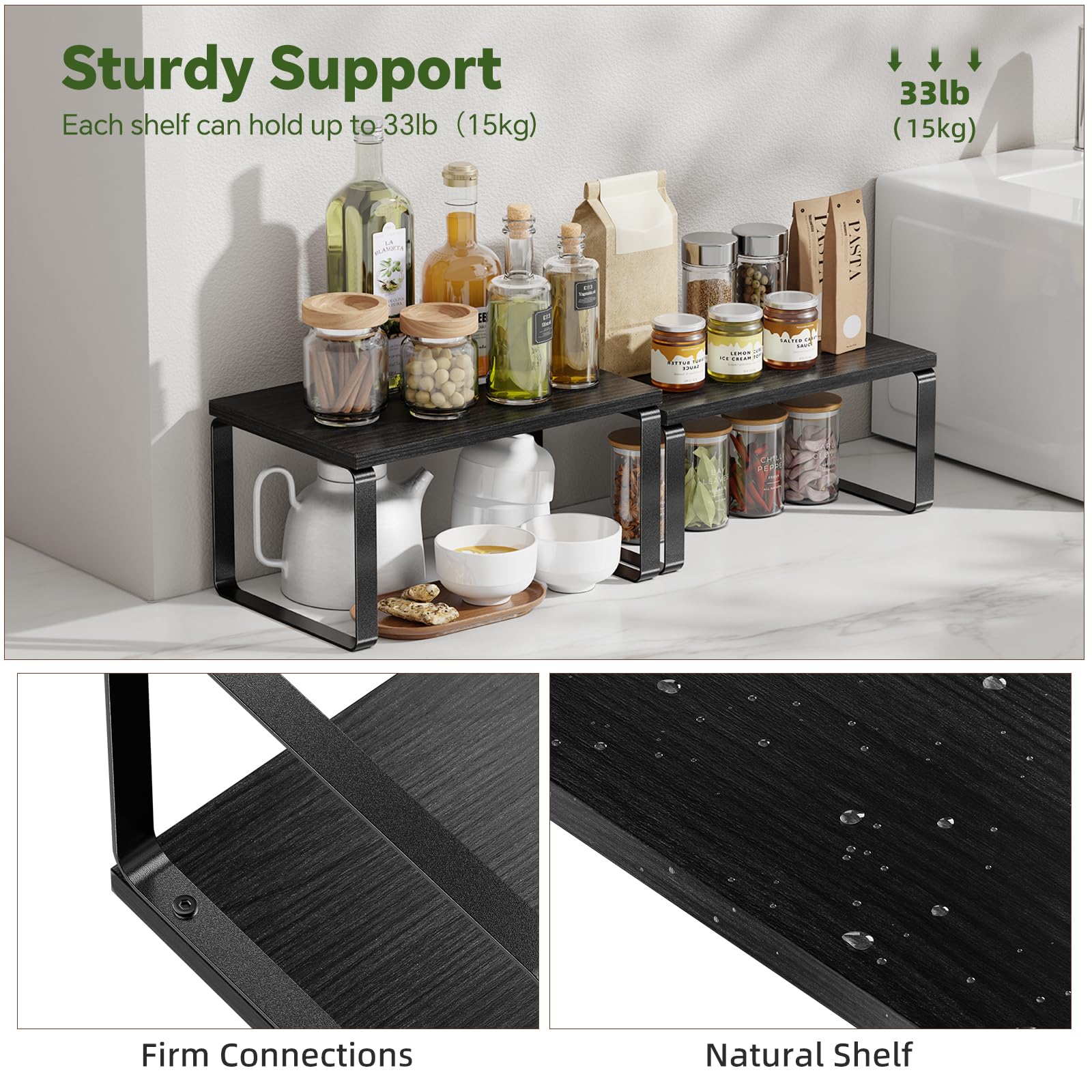 Black kitchen counter organizer with jars and tools