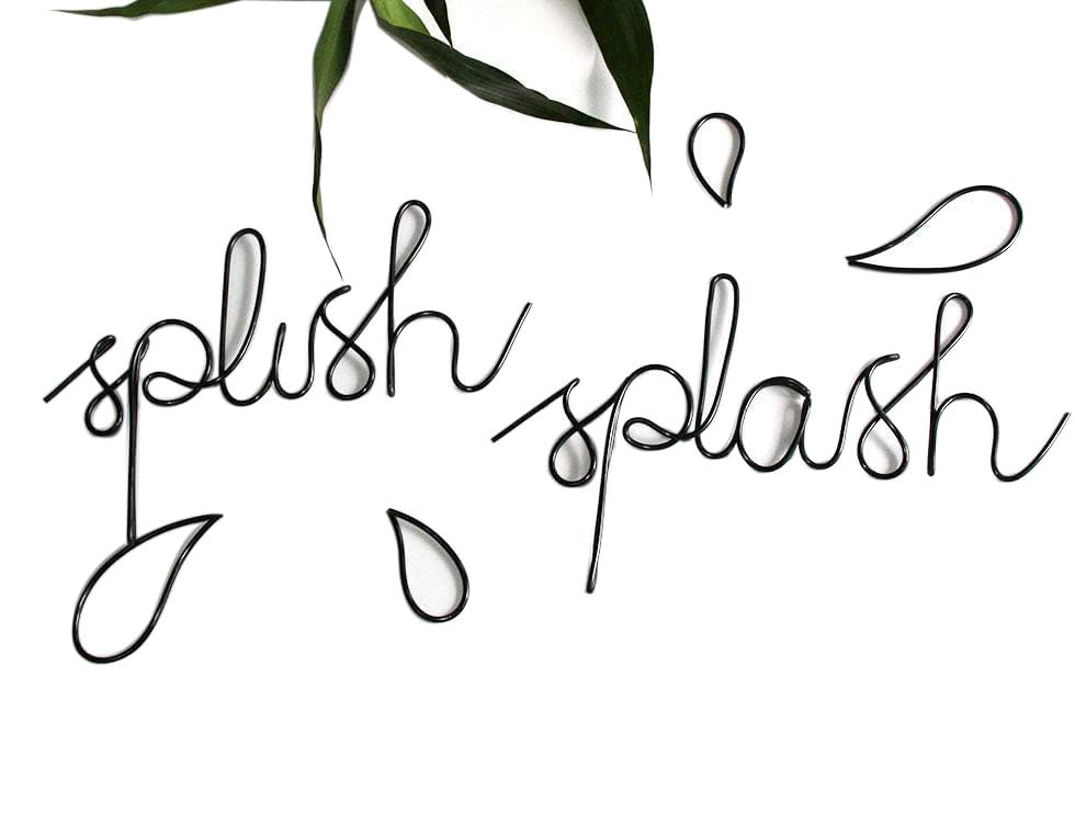 Black Metal Splish Splash Wall Art two-word sign for bathroom decor