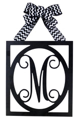 Black monogram door hanger with color customization on wood and bow