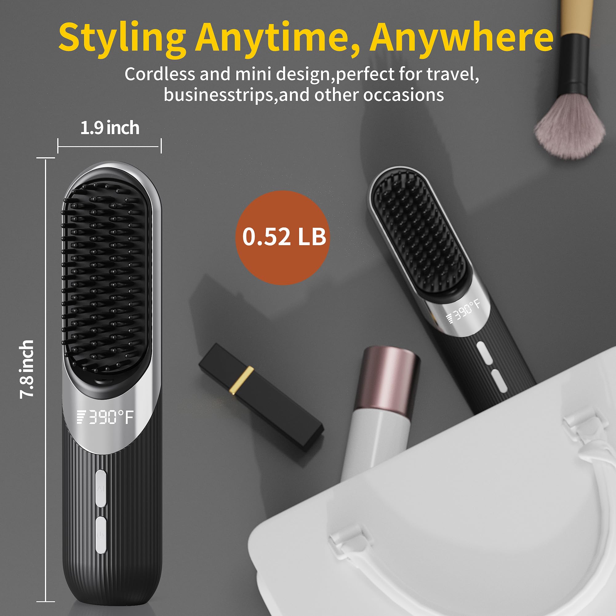 Black Cordless Hair Styling Brush packaging and pouch